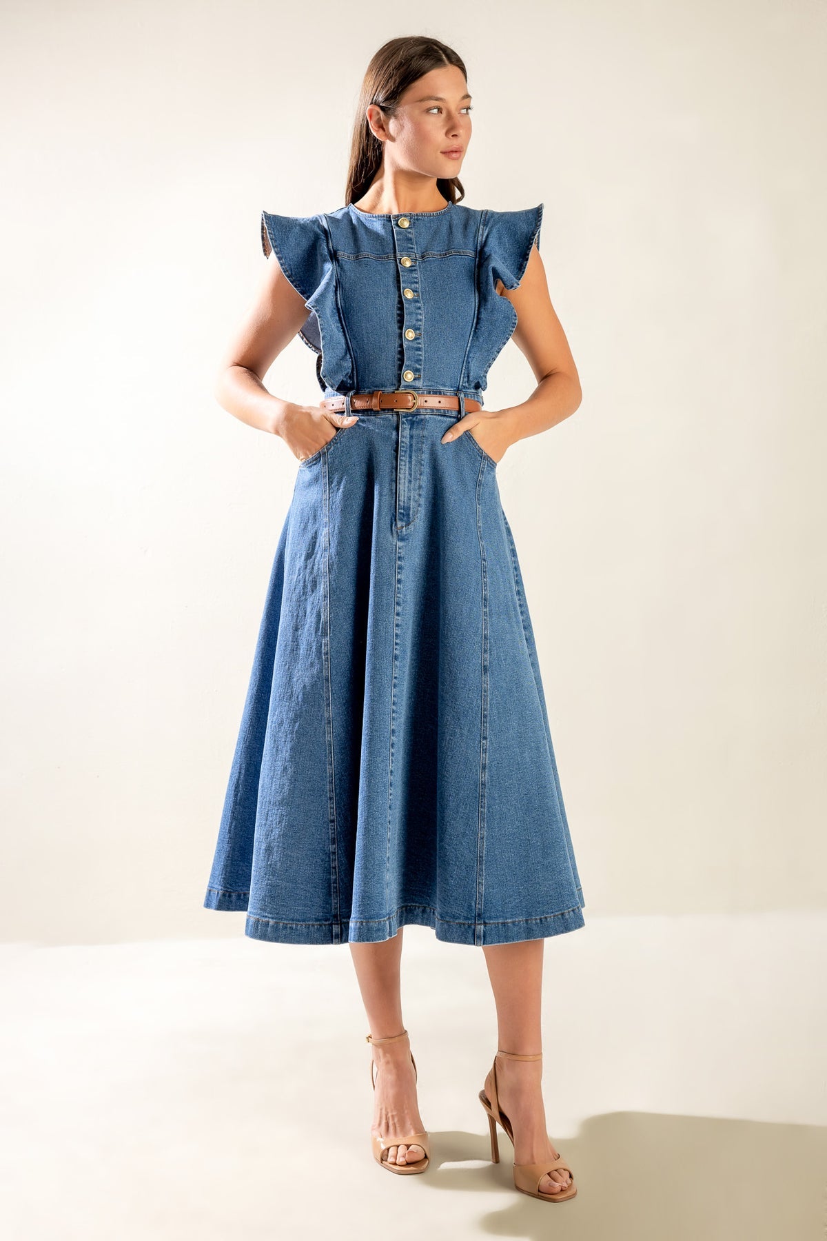 Indigo Denim Round Neck Midi Length Woven Casual Dress with Ruffle Sleeves and Belt Detail Flying Tomato FD1366