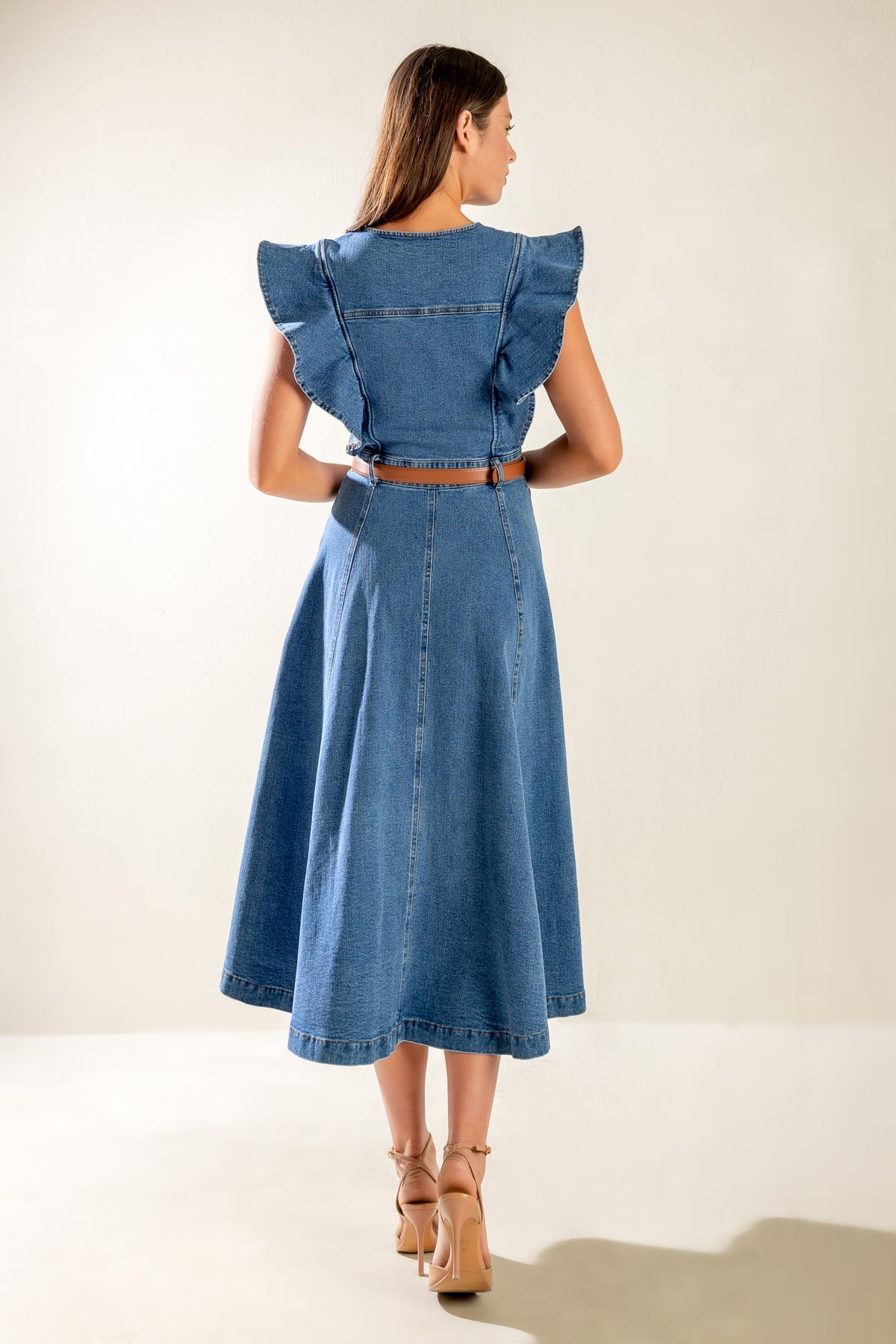 Indigo Denim Round Neck Midi Length Woven Casual Dress with Ruffle Sleeves and Belt Detail Flying Tomato FD1366