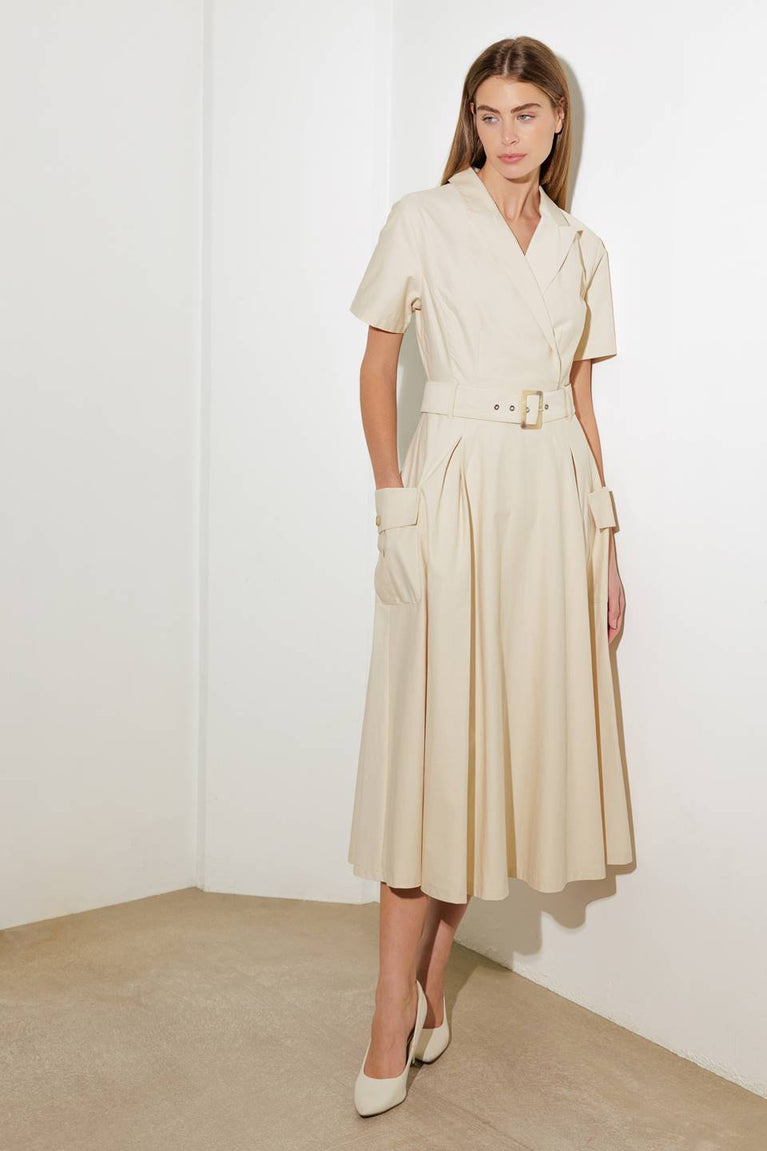 Almond Notched Lapel Midi Cotton Poplin Wrap Cocktail Dress with Belt Flying Tomato FD1378