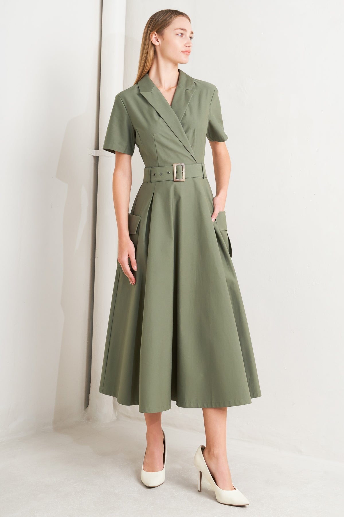 Olive Notched Lapel Midi Cotton Poplin Wrap Cocktail Dress with Belt Flying Tomato FD1378