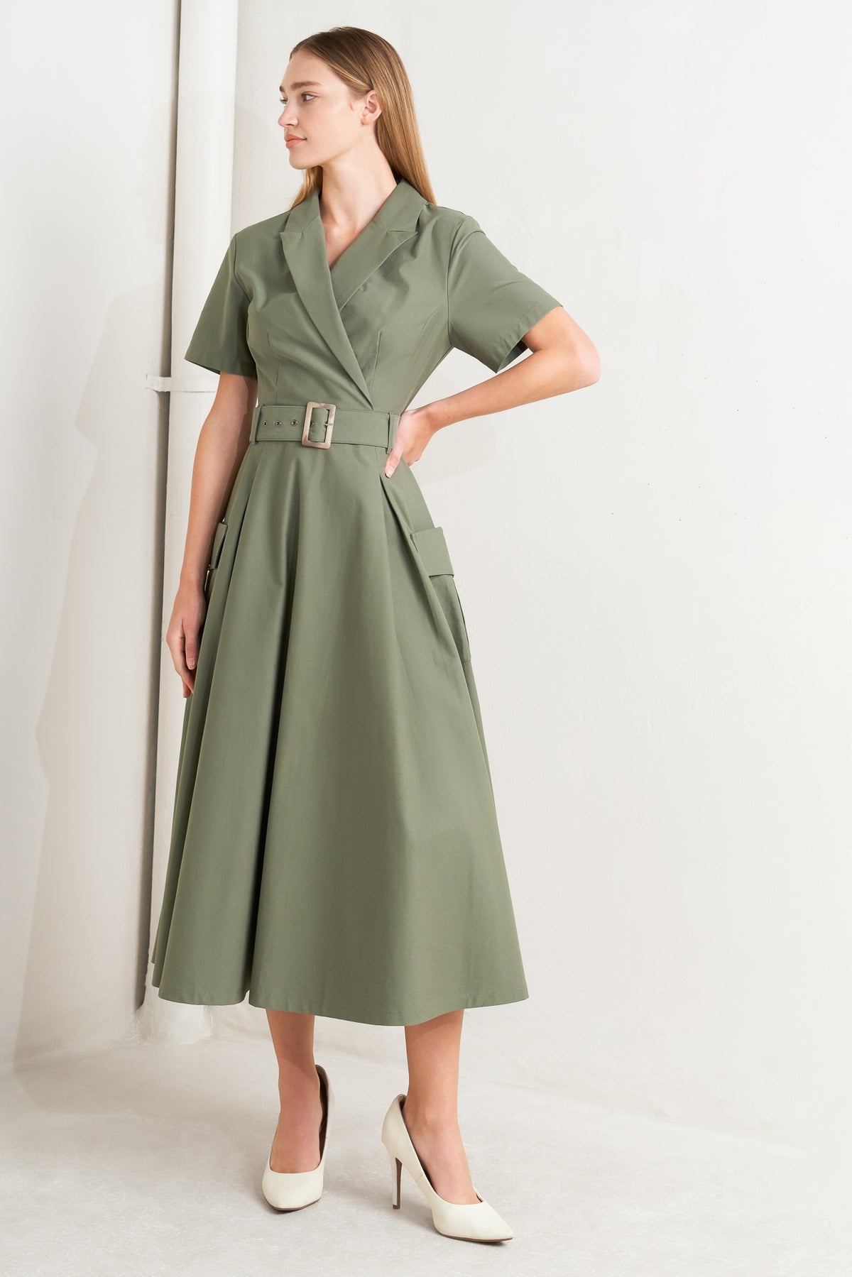 Olive Notched Lapel Midi Cotton Poplin Wrap Cocktail Dress with Belt Flying Tomato FD1378
