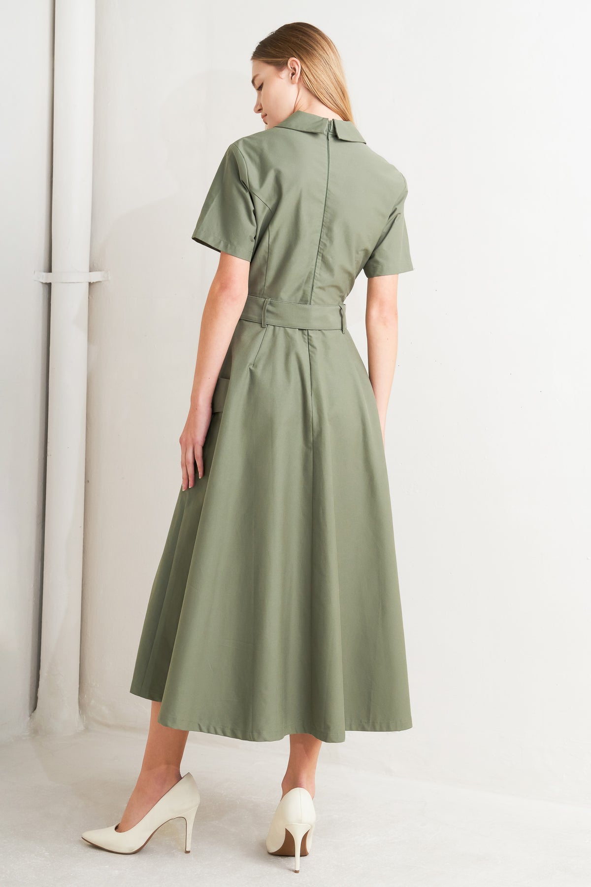 Olive Notched Lapel Midi Cotton Poplin Wrap Cocktail Dress with Belt Flying Tomato FD1378