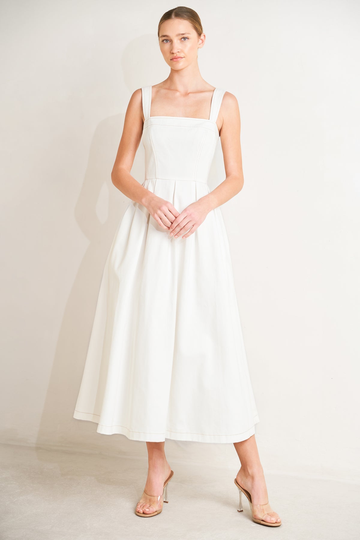 Off White Square Neck Midi Woven Cotton Cocktail Garden Party A-Line Dress Flying Tomato FD1403