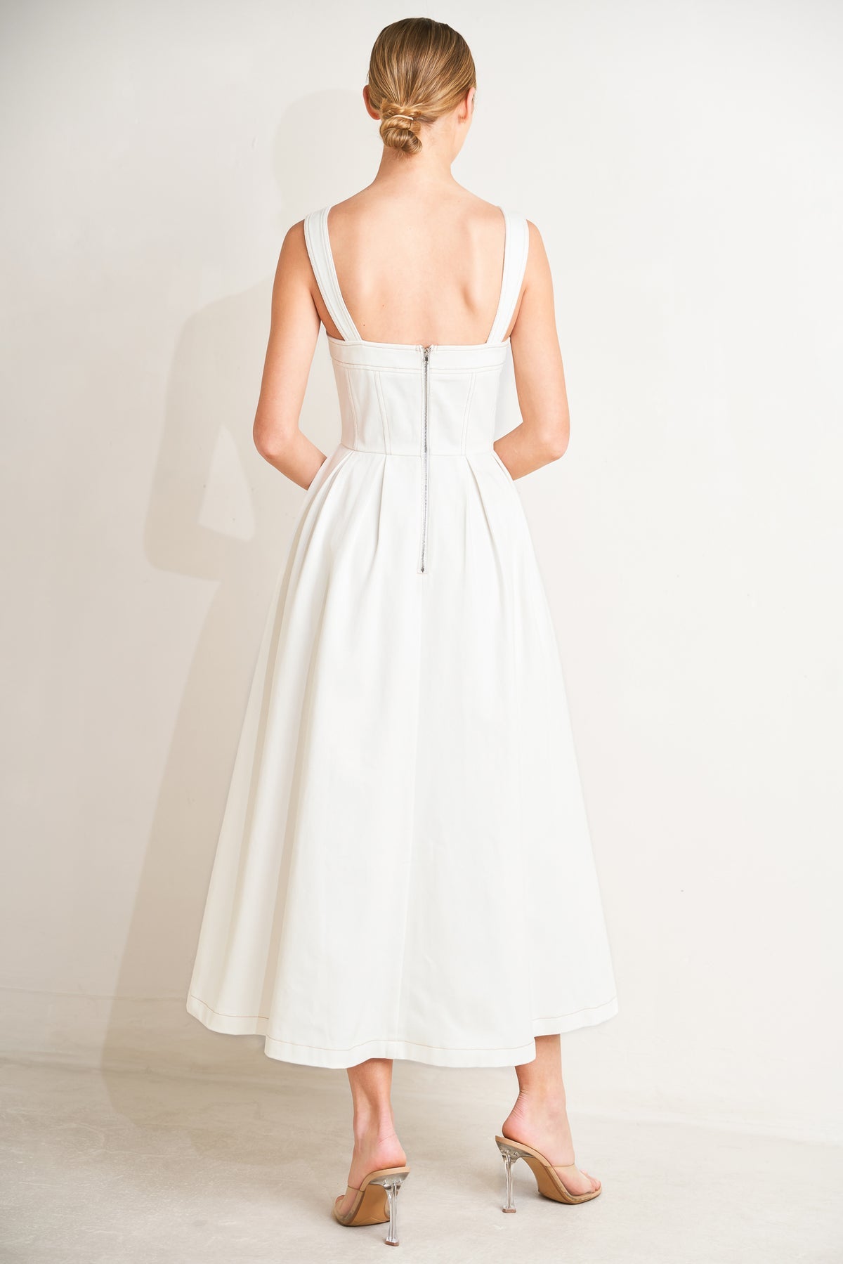 Off White Square Neck Midi Woven Cotton Cocktail Garden Party A-Line Dress Flying Tomato FD1403