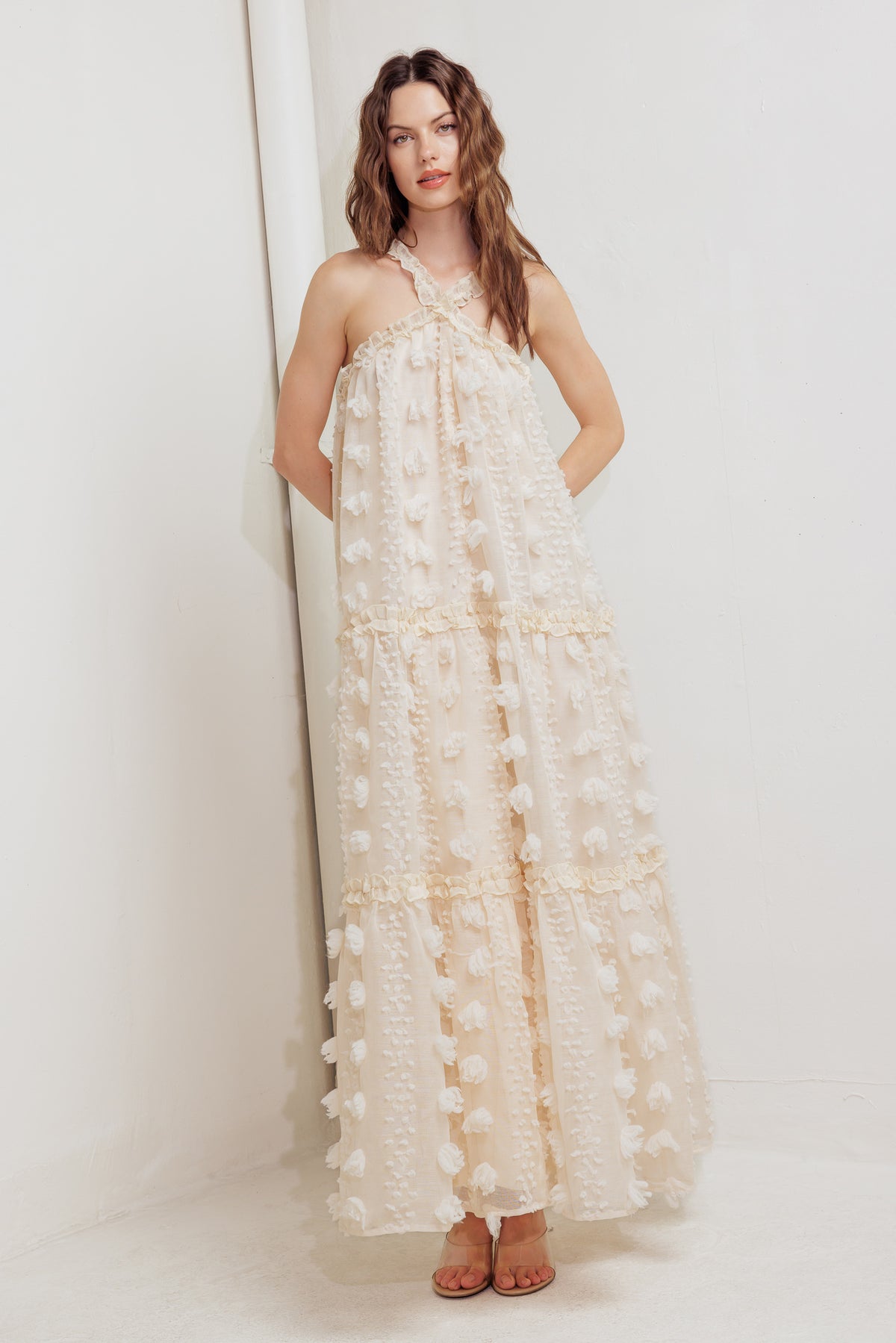 Prom Dresses Long Formal Ruffle A Line 3D Floral Prom Dress Flying Tomato FD1614 Cream