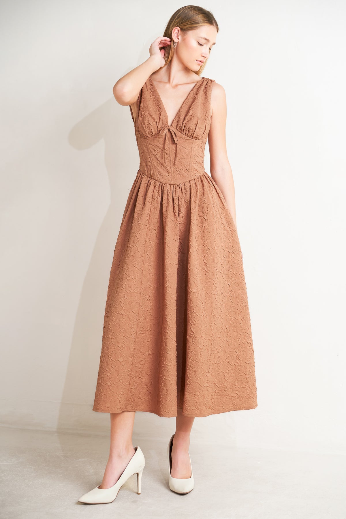 Mocha Rose V-Neck Midi WovenCocktail Party A-Line Dress with Tie-Front Flying Tomato FD1840