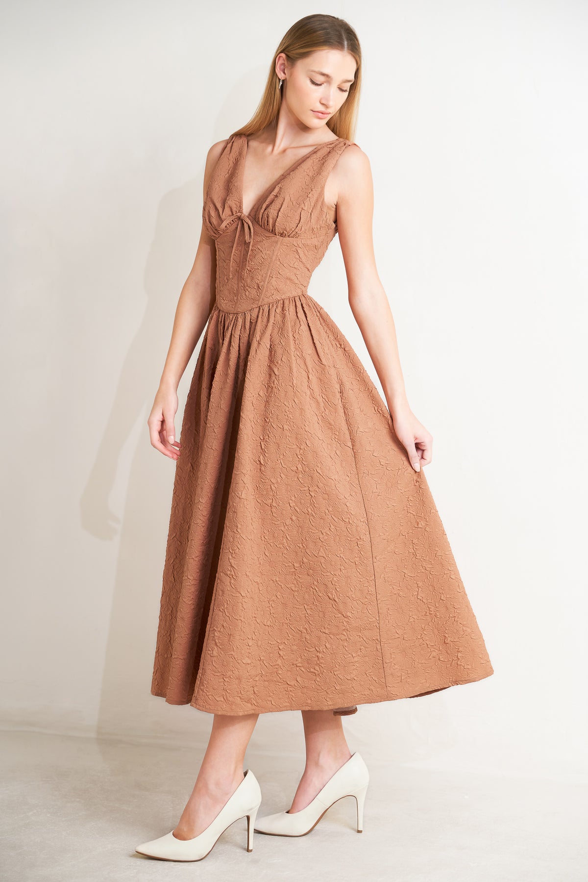 Mocha Rose V-Neck Midi WovenCocktail Party A-Line Dress with Tie-Front Flying Tomato FD1840