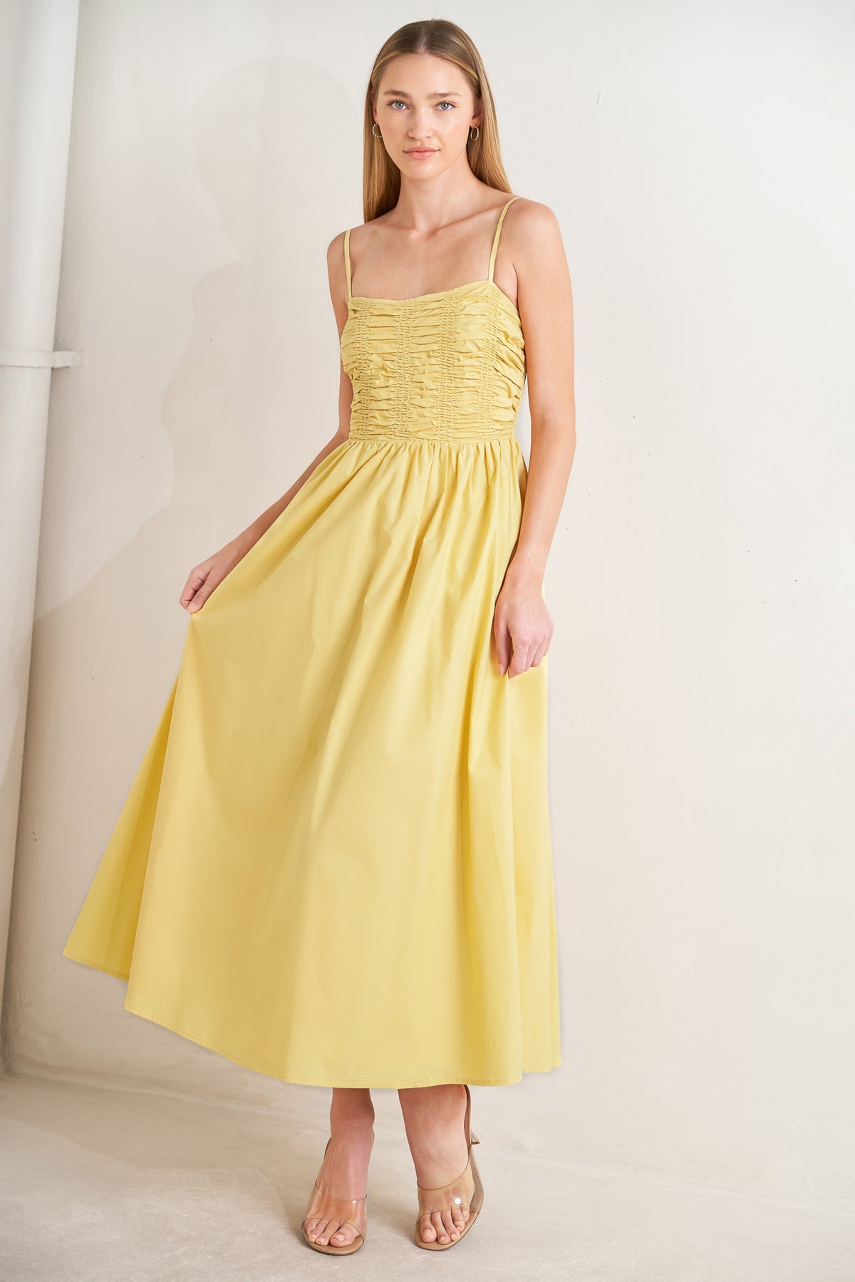 Square Neck Midi Cotton Cocktail Dress with Ruched Bodice and Adjustable Straps Flying Tomato FD1861