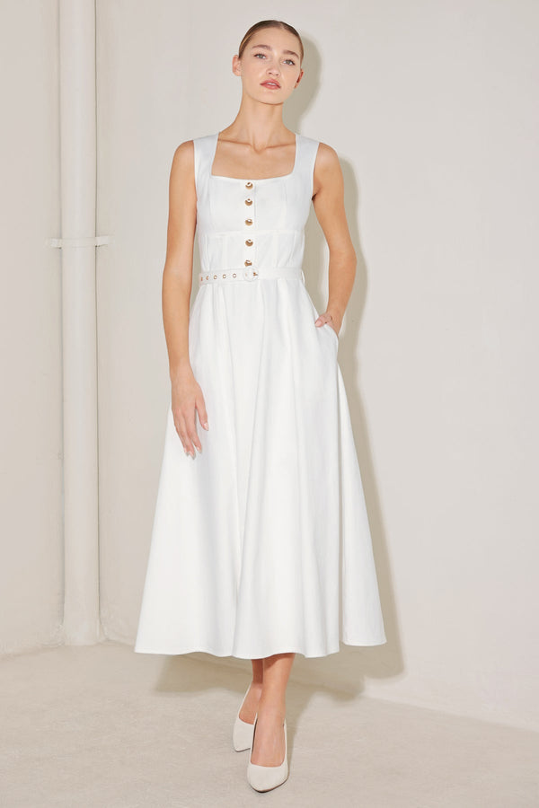 Square Neck Midi Length Woven Casual Dress with Button Front and Corset Waist Flying Tomato FD1868