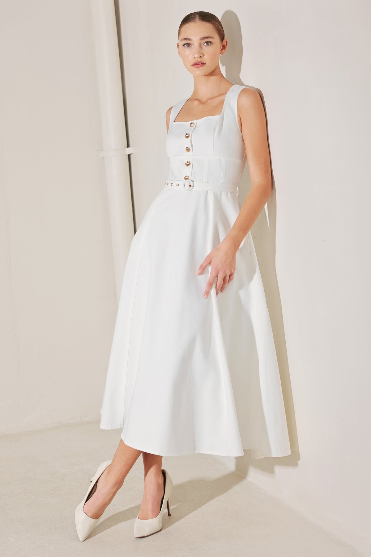 White Square Neck Midi Length Woven Casual Dress with Button Front and Corset Waist Flying Tomato FD1868
