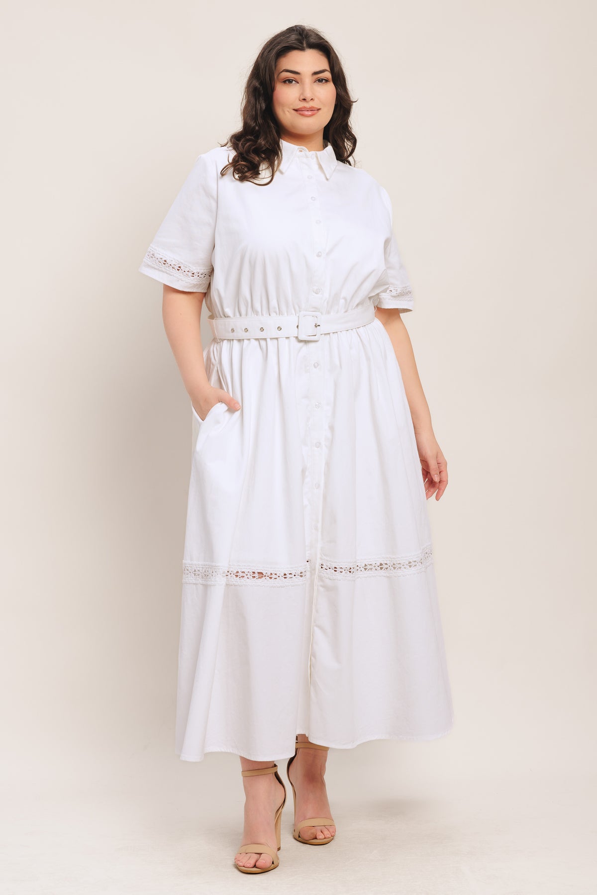White Collared Midi Cotton Shirt Cocktail Dress Button Front Belted Fit and Flare Dress Flying Tomato FD1872