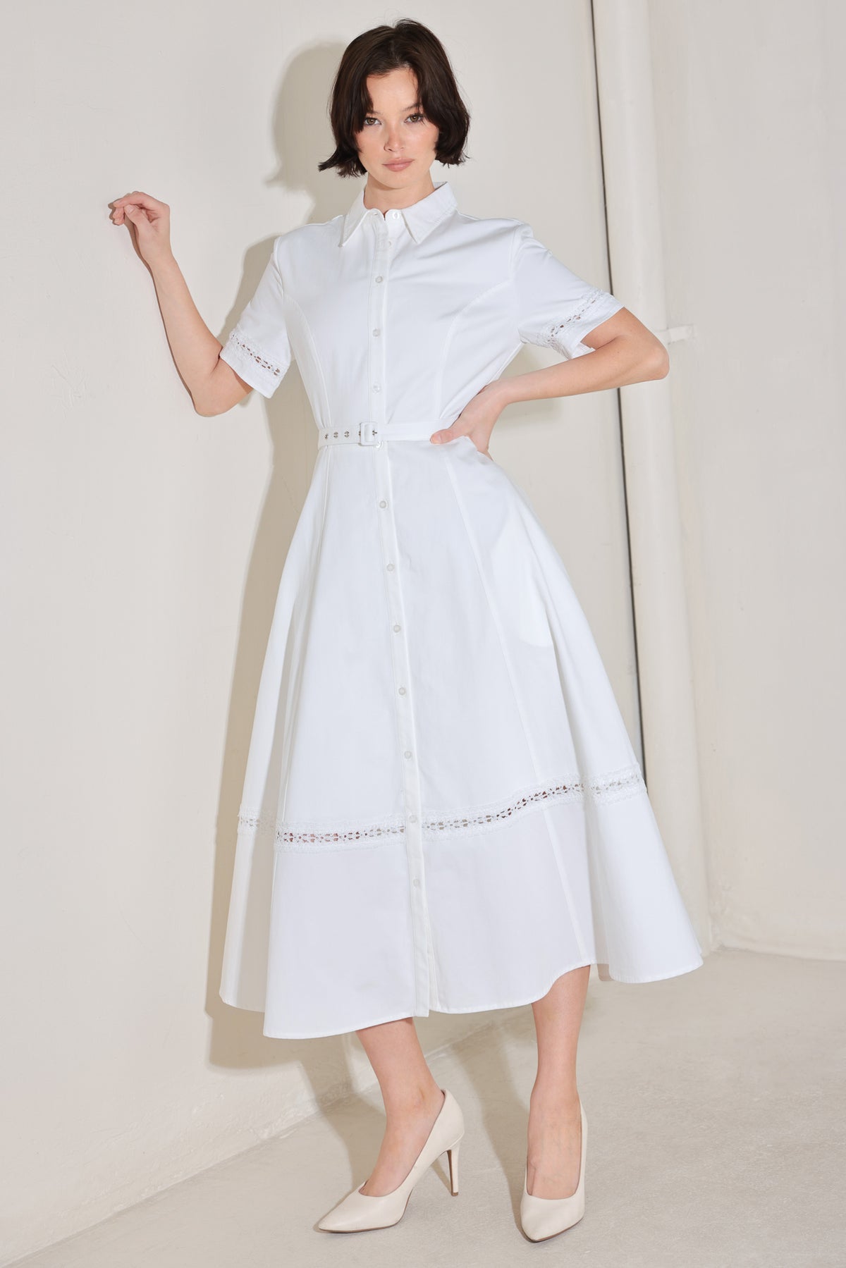 White Collared Midi Cotton Shirt Cocktail Dress Button Front Belted Fit and Flare Dress Flying Tomato FD1872