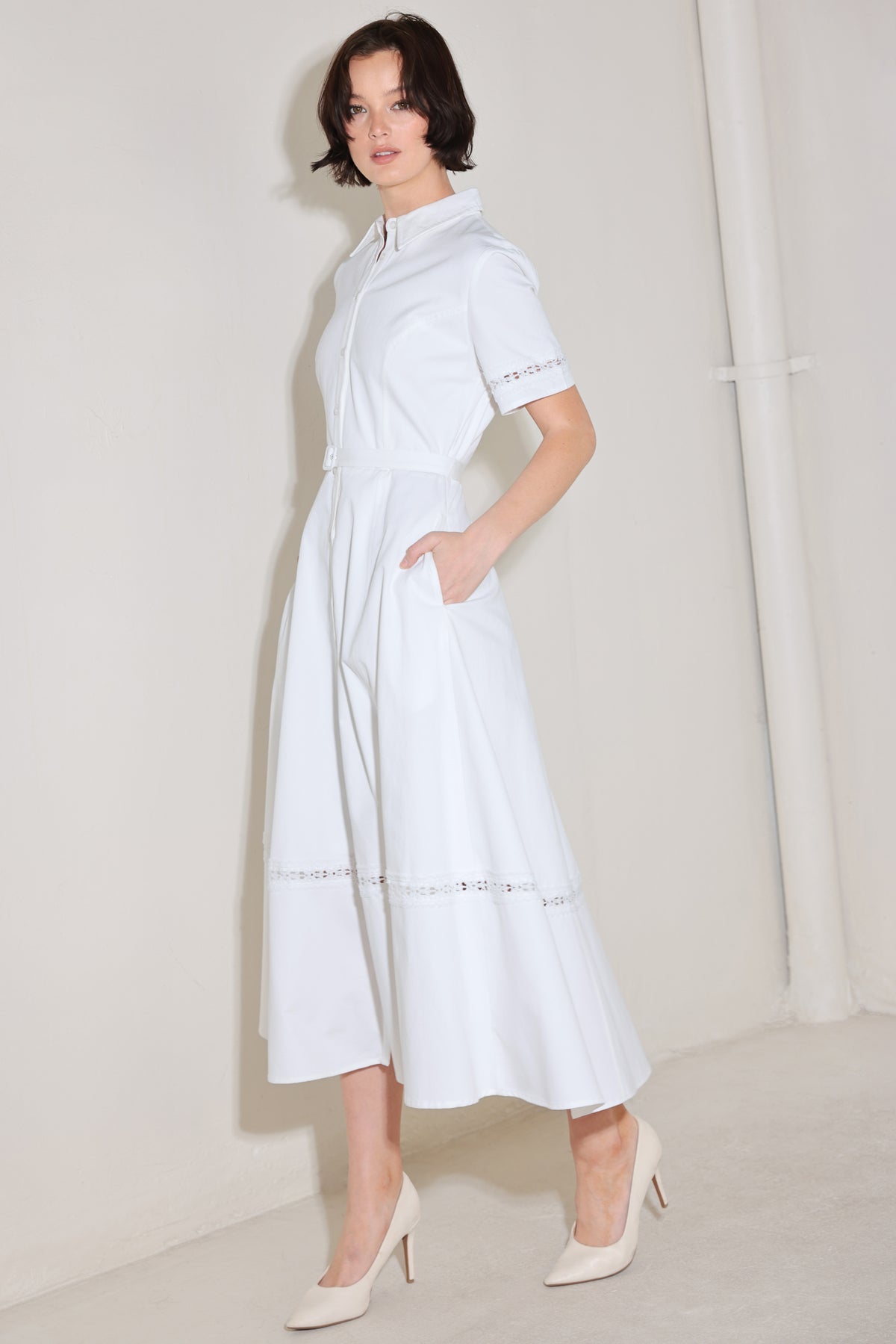 White Collared Midi Cotton Shirt Cocktail Dress Button Front Belted Fit and Flare Dress Flying Tomato FD1872