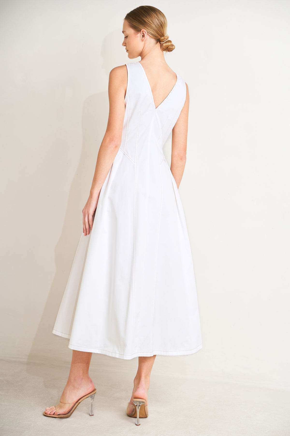 White V Neck Midi Cotton Casual A Line Dress with Button Front The Dress Flying Tomato FD1884