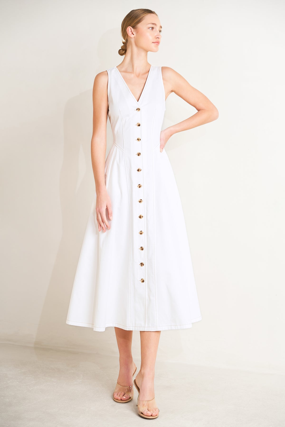 V Neck Midi Cotton Casual A Line Dress with Button Front The Dress Flying Tomato FD1884