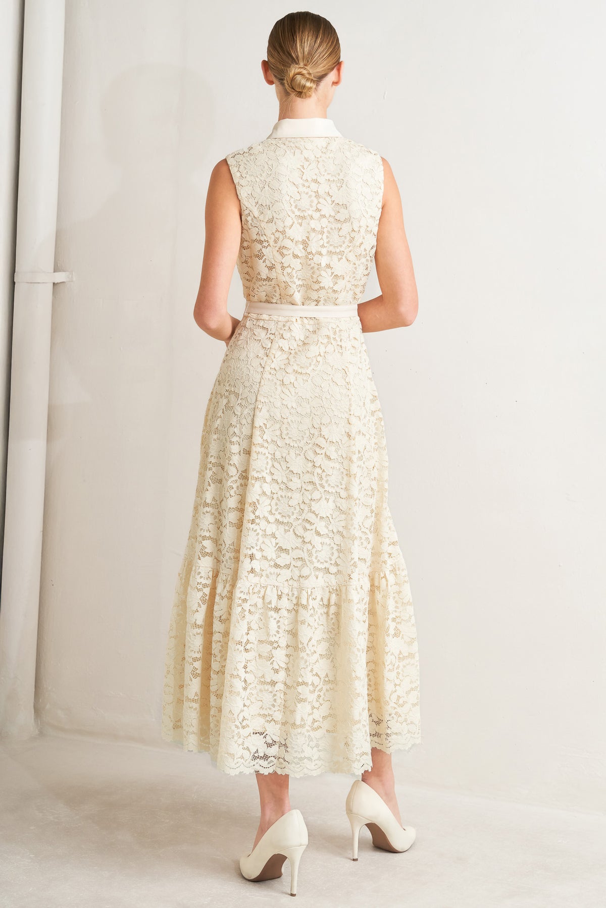 Cream Collared Tea-Length Woven Lace Cocktail Sleeveless Button-Down Belted Dress Flying Tomato FD1887