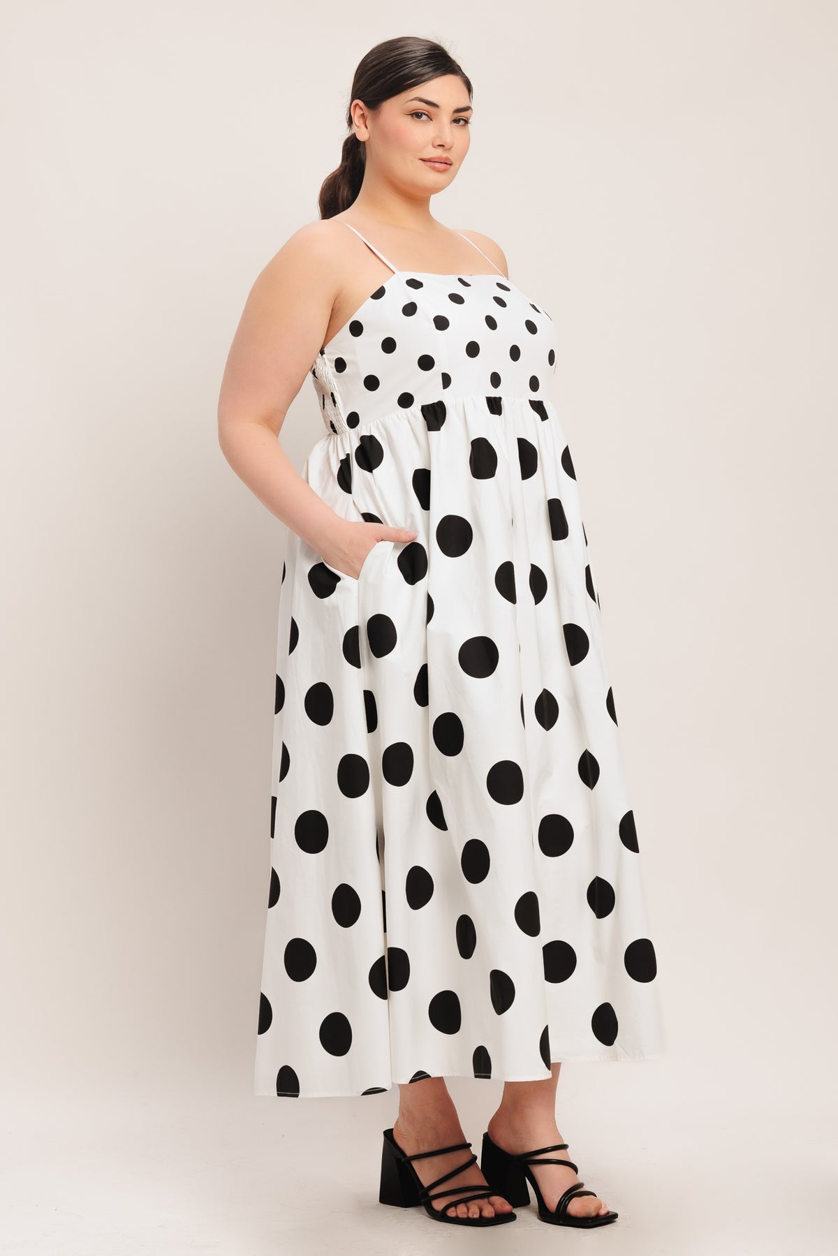 White/Black Square Neck Midi Woven Cocktail Dress Polka Dot A-Line Dress Flying Tomato FD1890