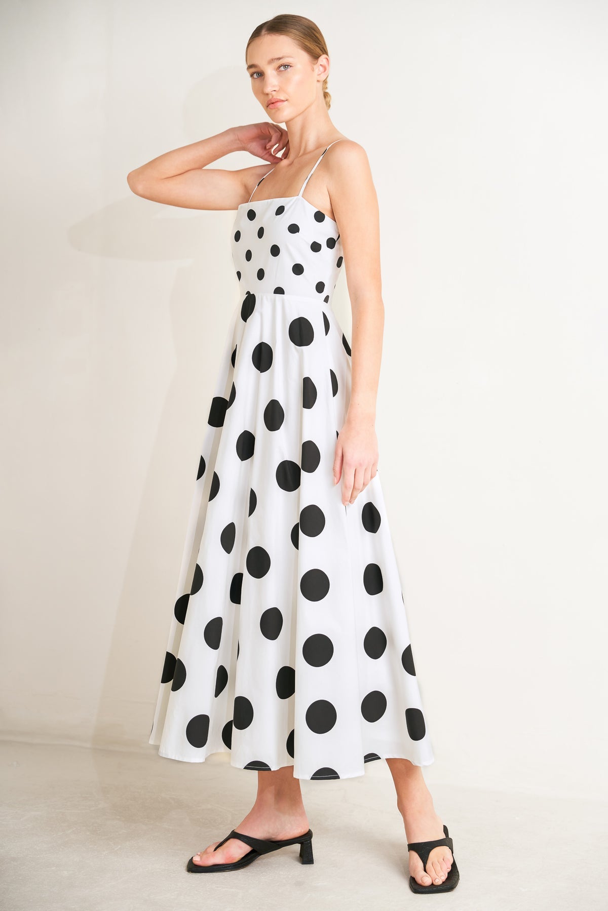 White/Black Square Neck Midi Woven Cocktail Dress Polka Dot A-Line Dress Flying Tomato FD1890