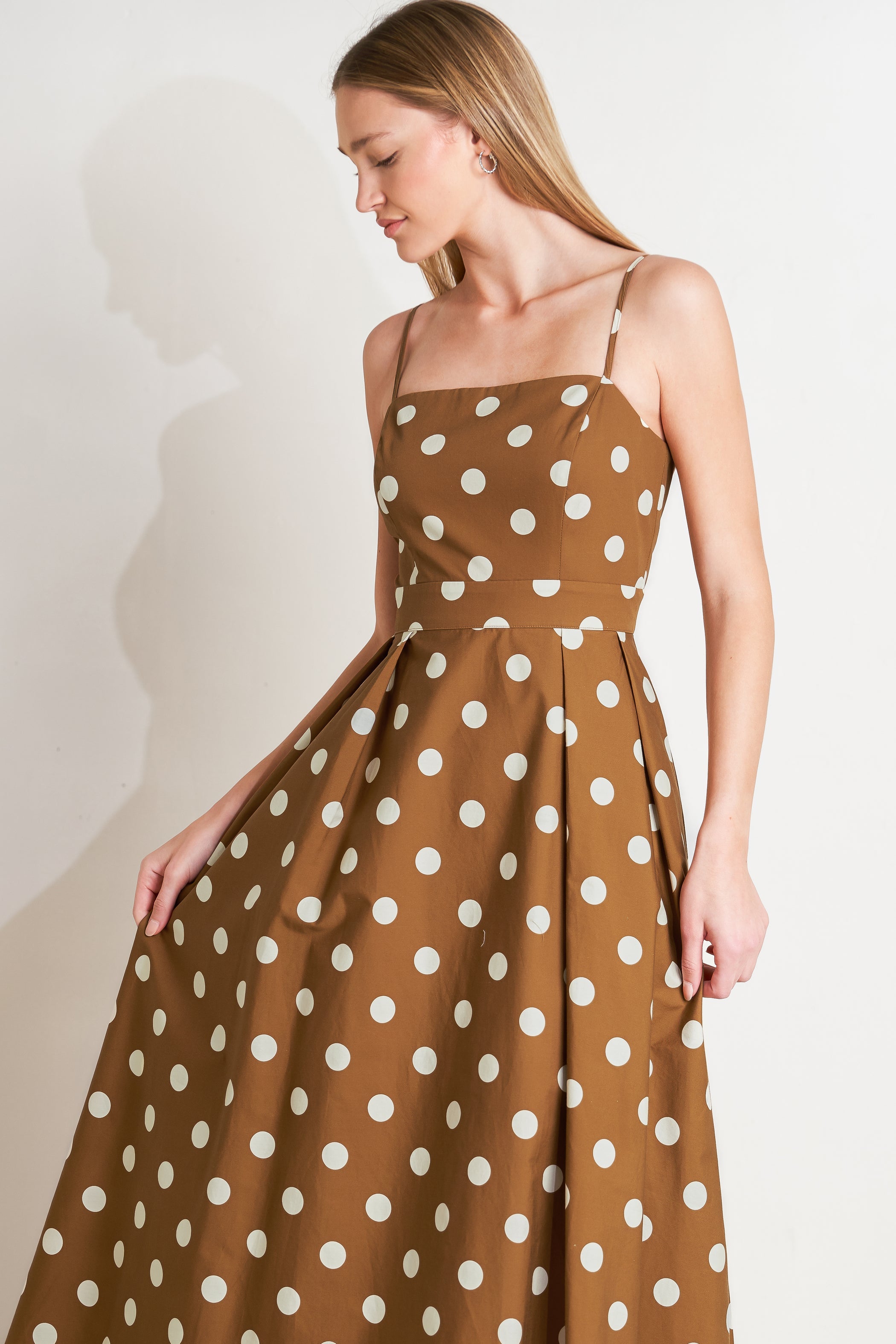 Brown/White Straight Neck Polka Dot Midi Casual Dress with Circle Flying Tomato FD1898