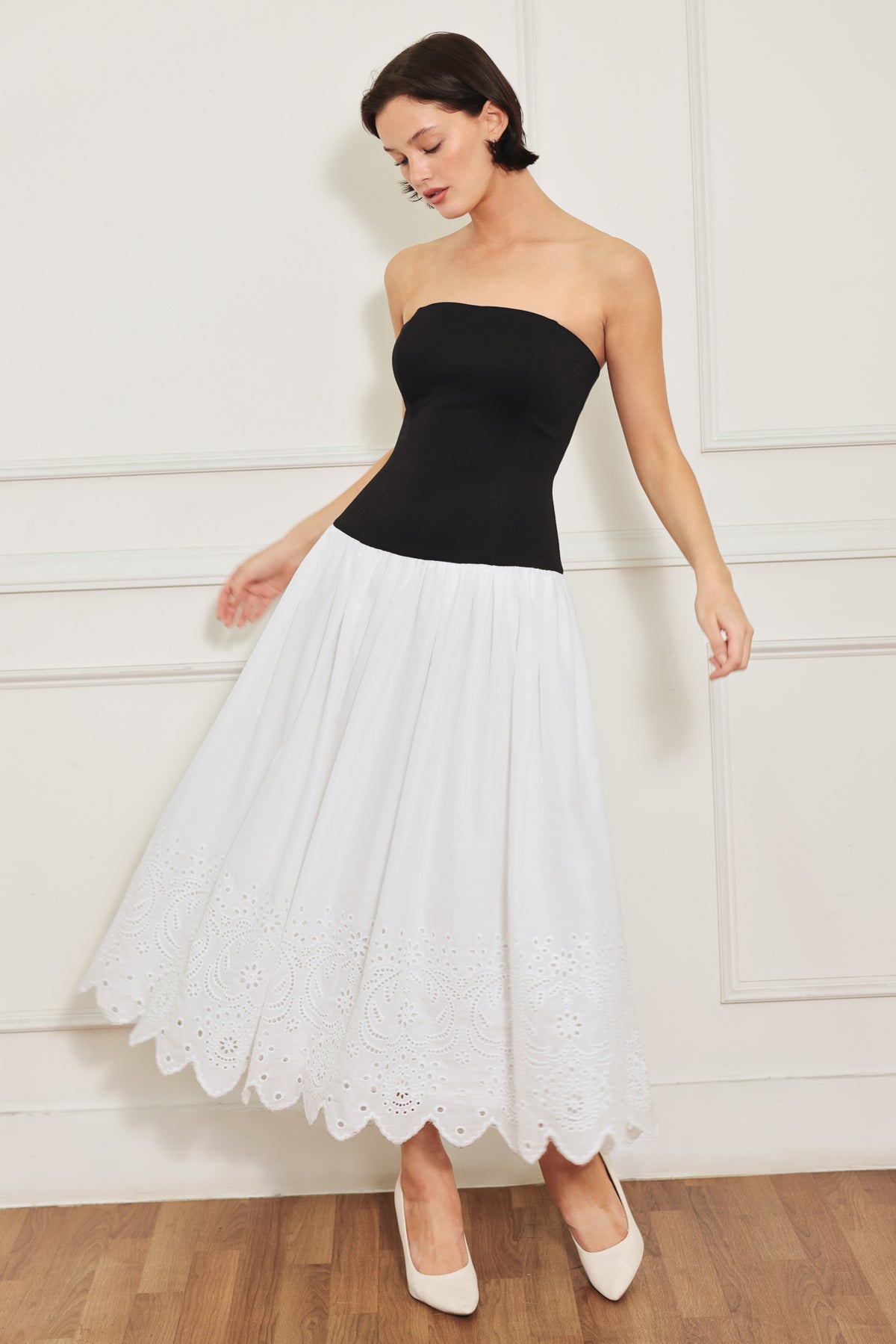 Strapless Midi Cotton Eyelet Cocktail Dress Fit and Flare Formal Dress Flying Tomato FD1920