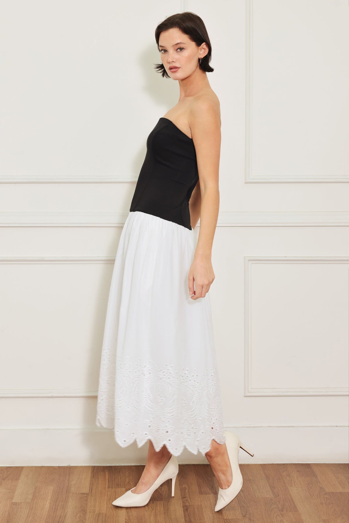 White/Black Strapless Midi Cotton Eyelet Cocktail Dress Fit and Flare Formal Dress Flying Tomato FD1920