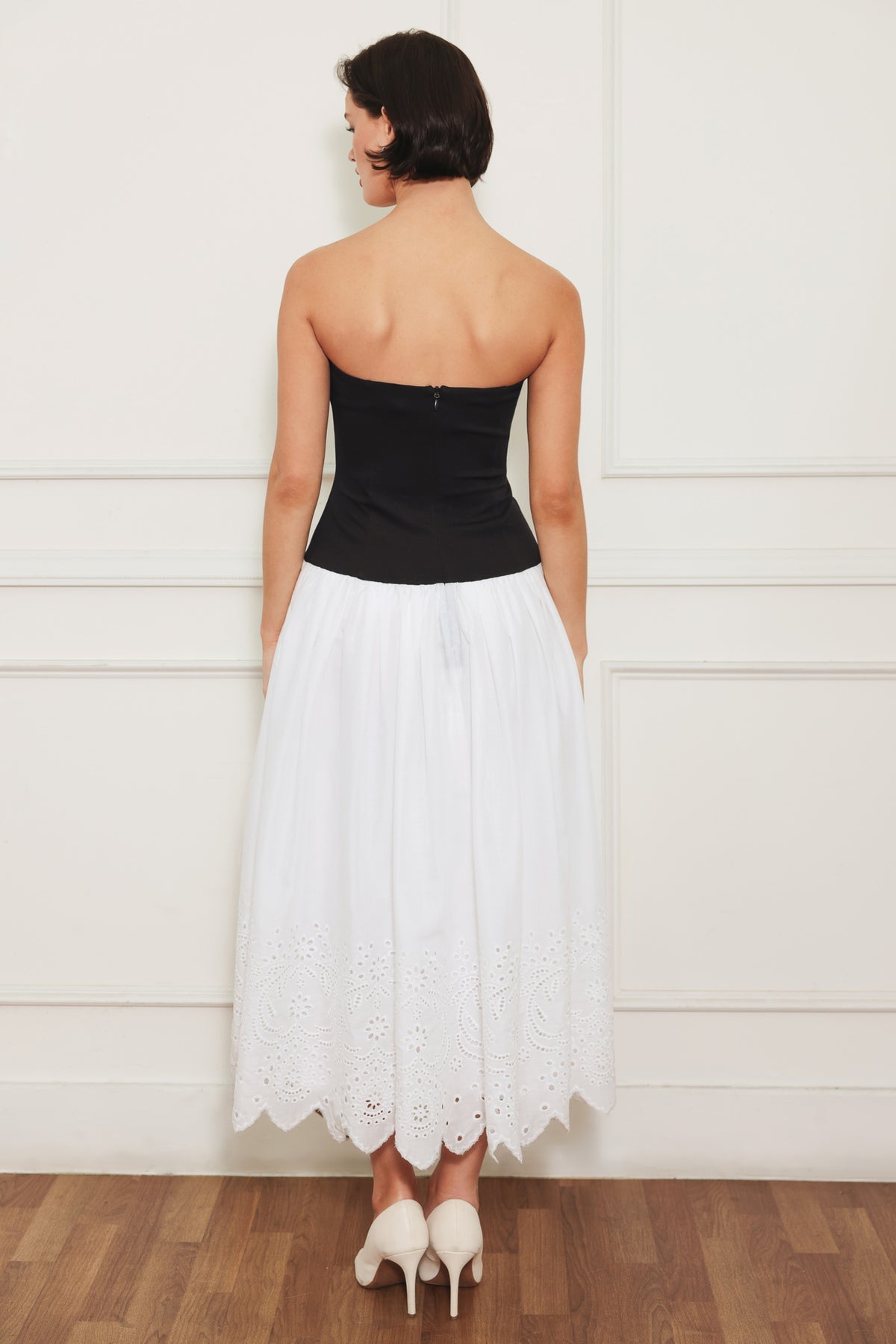White/Black Strapless Midi Cotton Eyelet Cocktail Dress Fit and Flare Formal Dress Flying Tomato FD1920