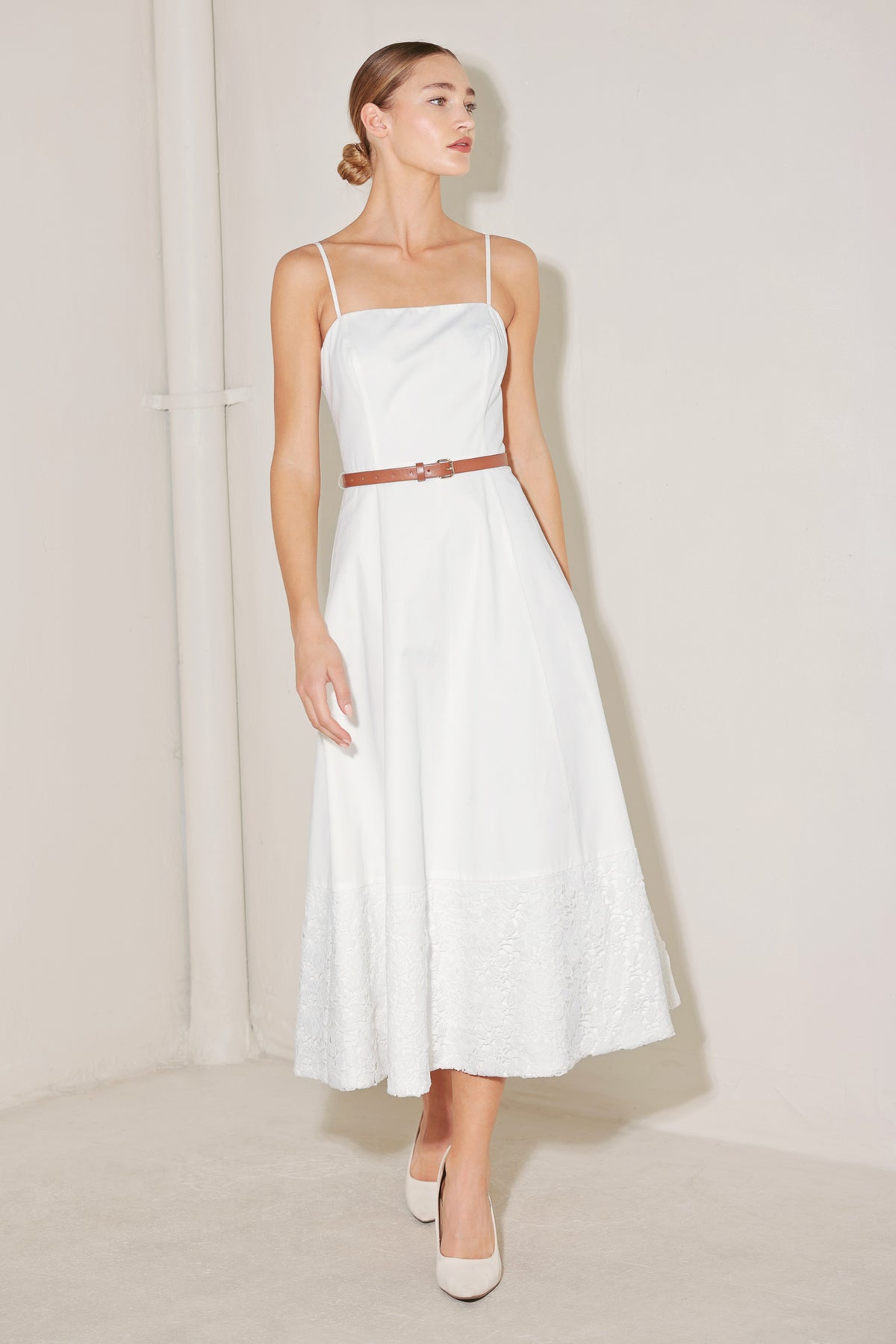 White Straight Neck Midi Length Woven Casual Dress with Lace Hem and Belt Detail Flying Tomato FD1928