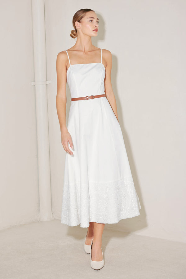 Straight Neck Midi Length Woven Casual Dress with Lace Hem and Belt Detail Flying Tomato FD1928