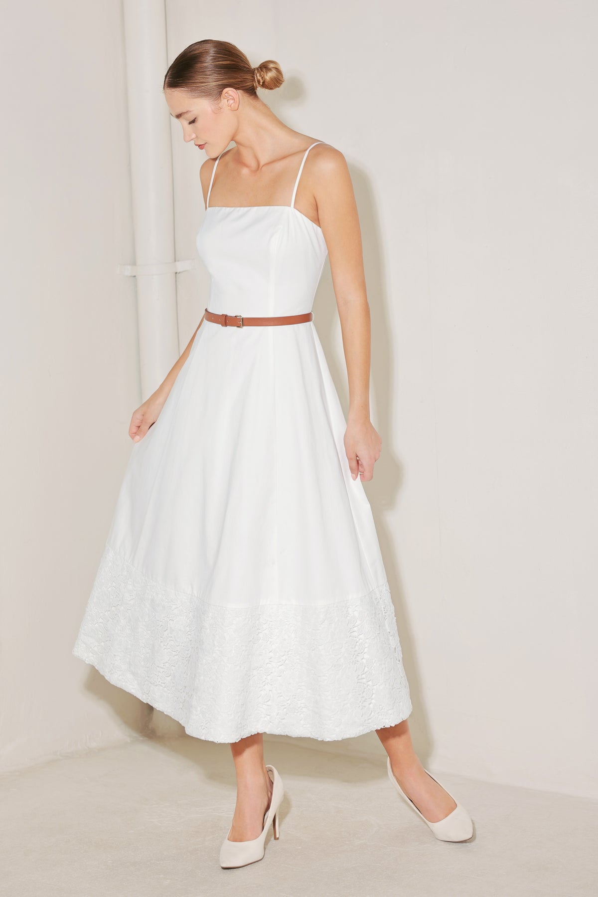White Straight Neck Midi Length Woven Casual Dress with Lace Hem and Belt Detail Flying Tomato FD1928