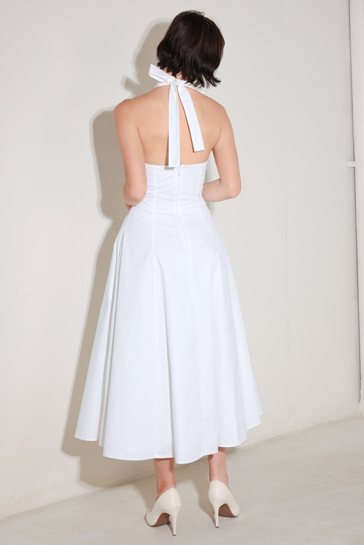 White Halter Midi Cotton Casual Dress with Tie Neck A Line Silhouette Flying Tomato FD1934