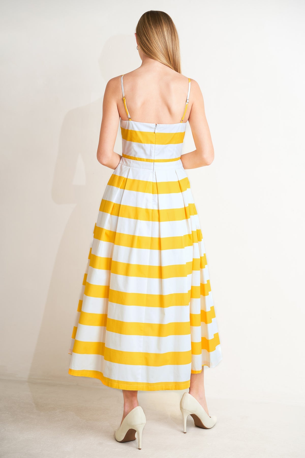 White/Yellow Square Neck Midi Woven Cocktail Garden Party A-Line Dress Flying Tomato FD1935