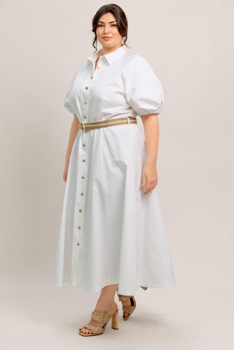 Crew Neck Midi Crepe Elegant A-Line Shirt Dress Flying Tomato FD1944
