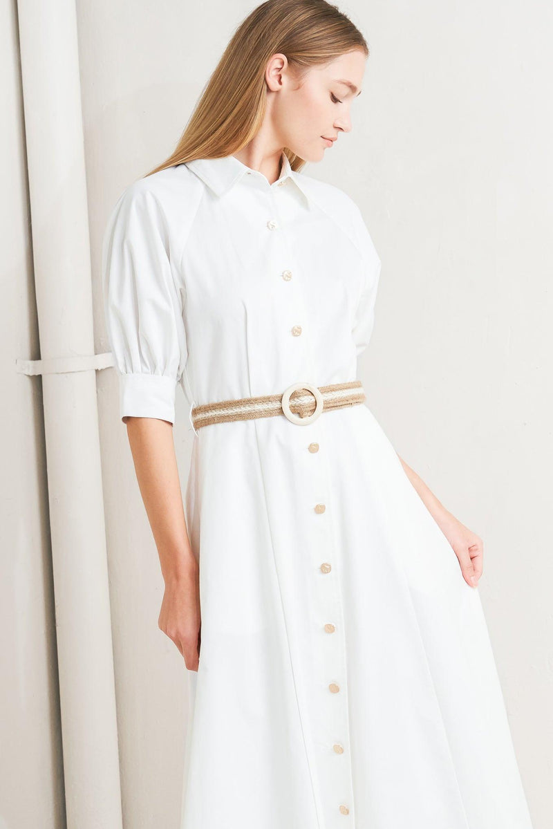 Crew Neck Midi Crepe Elegant A-Line Shirt Dress Flying Tomato FD1944