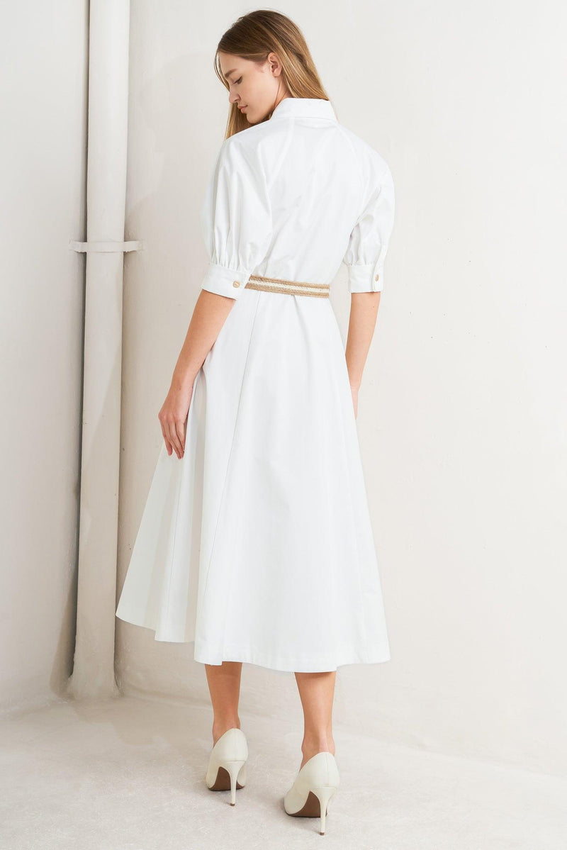 Crew Neck Midi Crepe Elegant A-Line Shirt Dress Flying Tomato FD1944