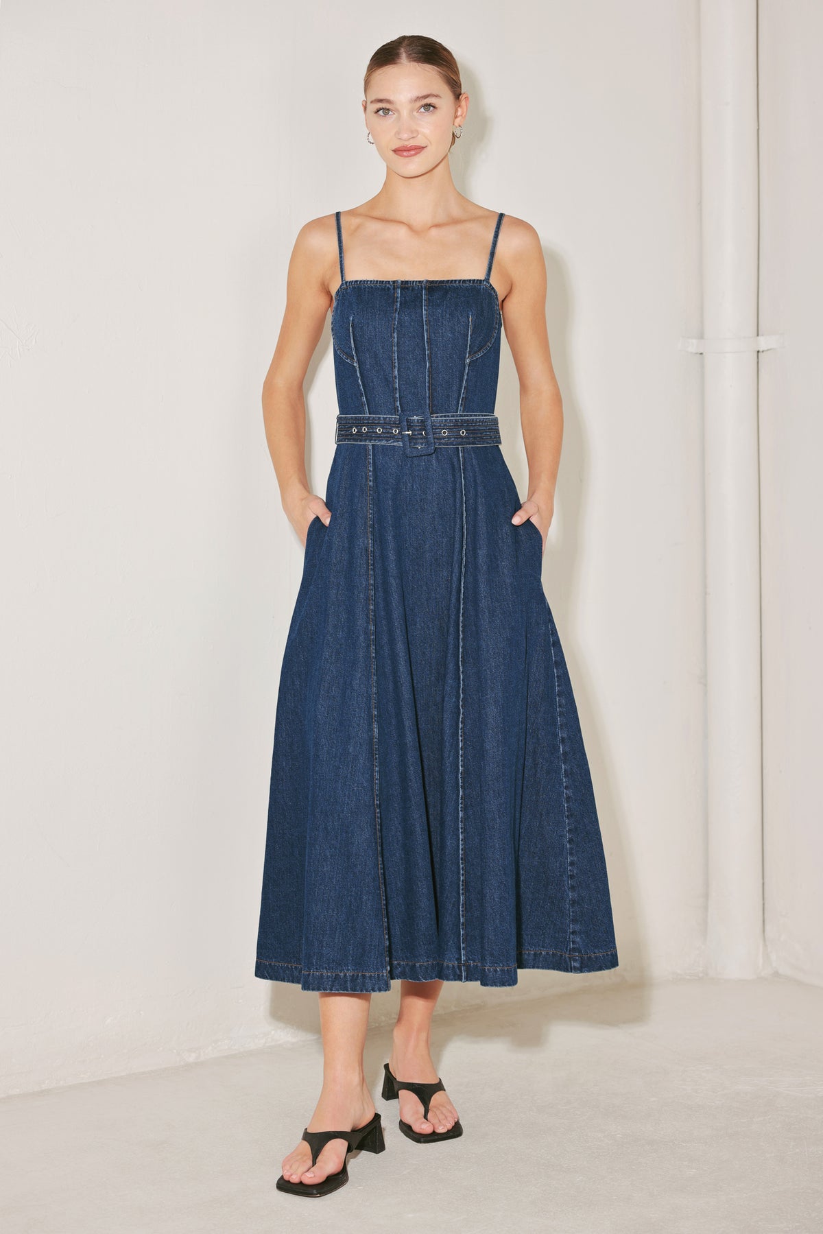 Indigo Straight Neck Denim Midi Casual Dress with Belt and Circle Skirt Flying Tomato FD1951