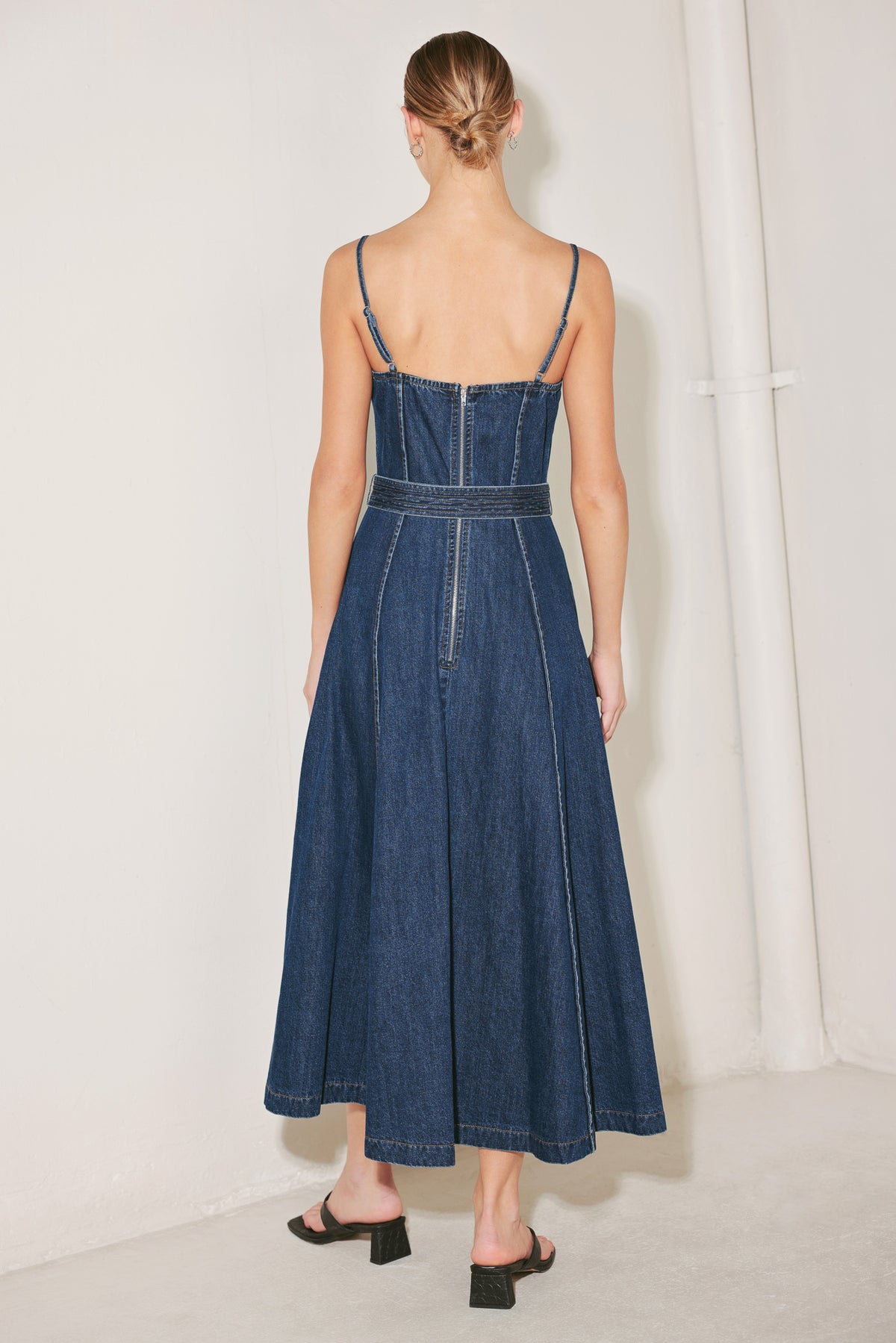 Indigo Straight Neck Denim Midi Casual Dress with Belt and Circle Skirt Flying Tomato FD1951