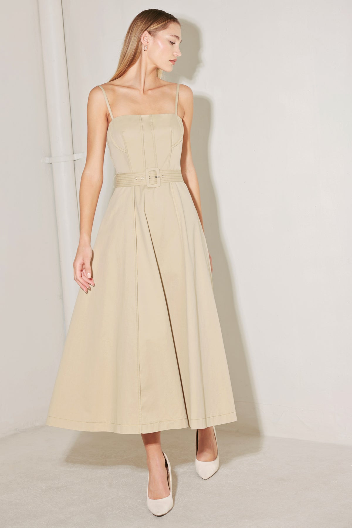 Taupe Straight Neck Denim Midi Casual Dress with Belt and Circle Skirt Flying Tomato FD1951