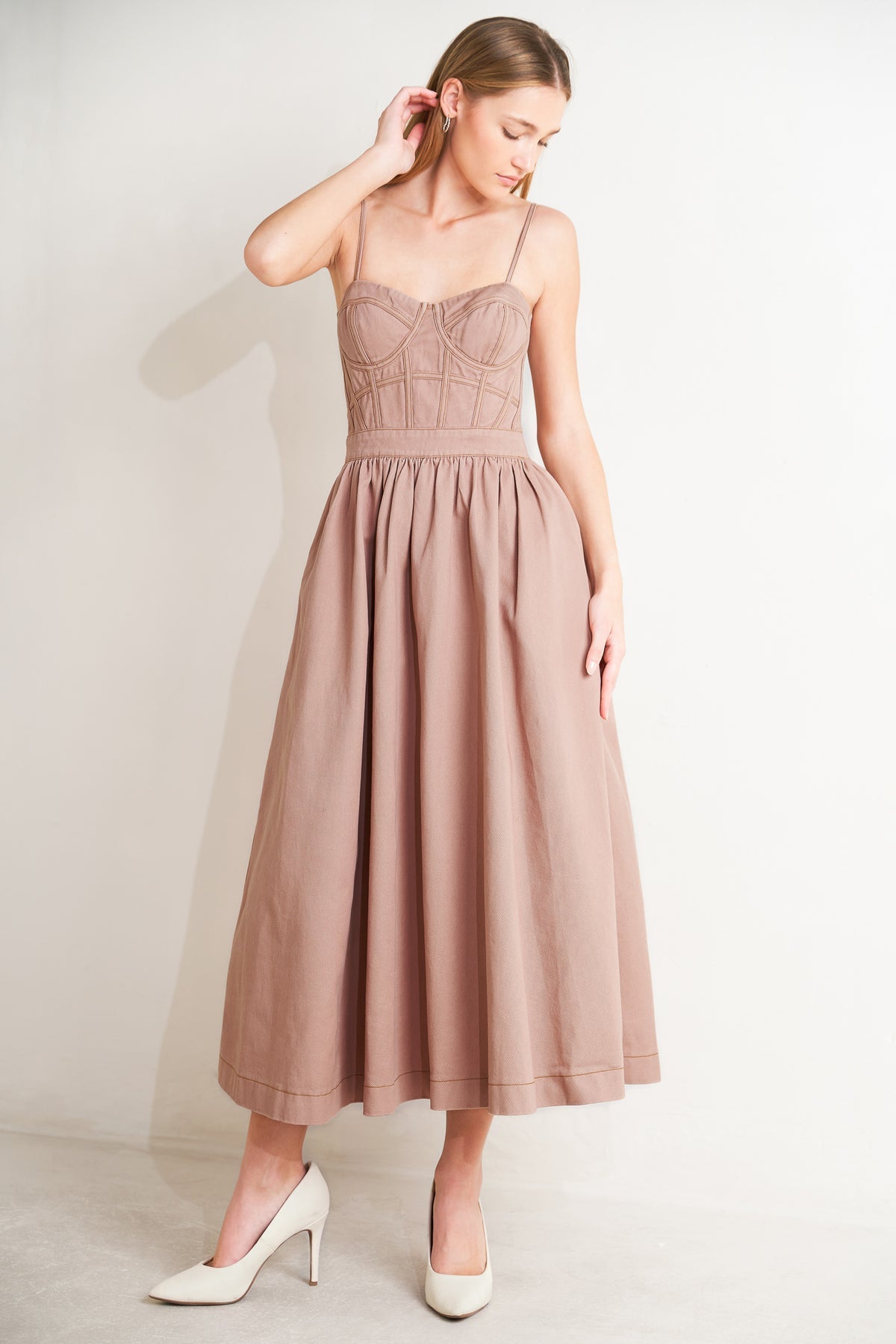 Washed Pink Sweetheart Midi Cotton Twill Cocktail A-Line Dress with Corset Bodice Flying Tomato FD1952