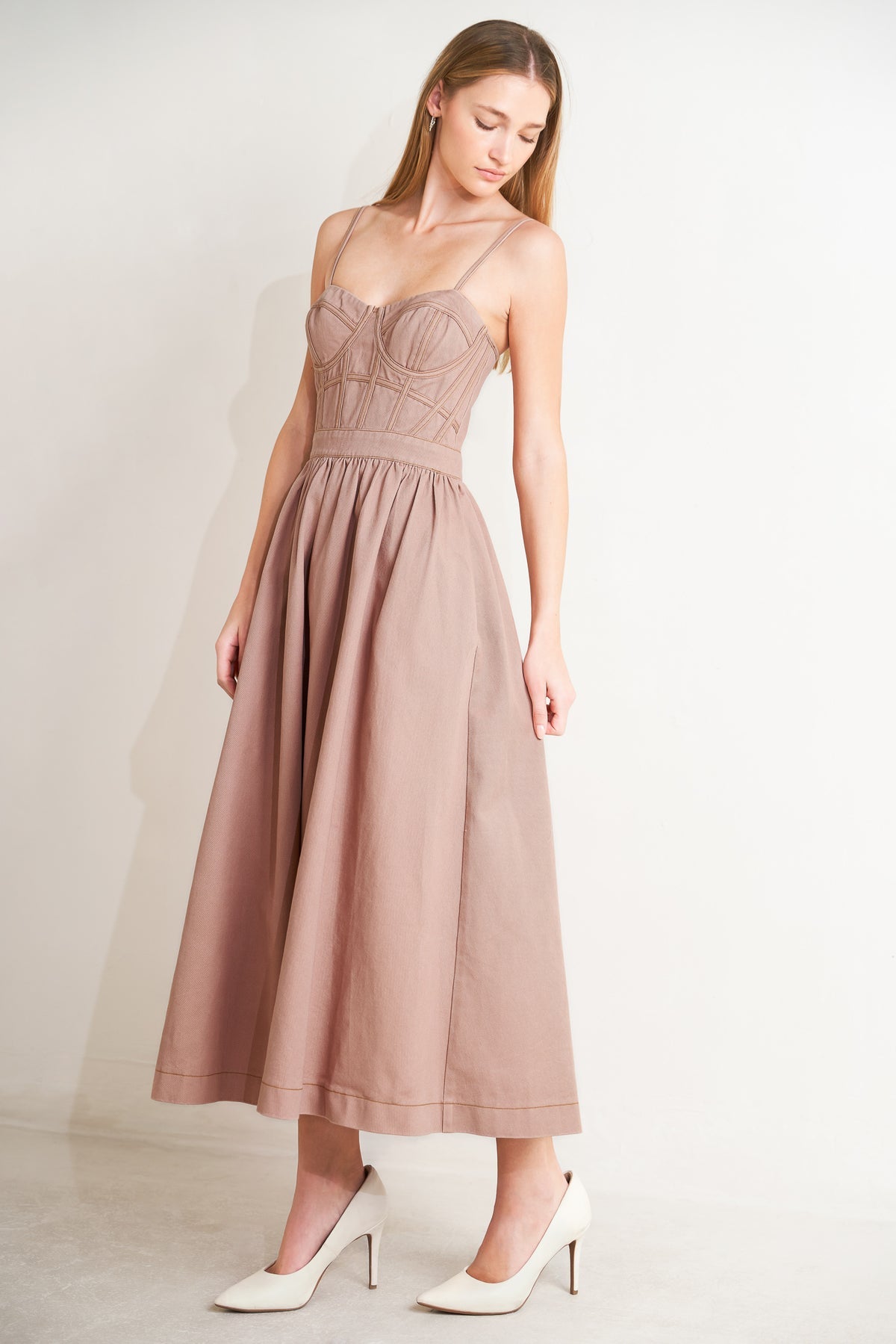 Washed Pink Sweetheart Midi Cotton Twill Cocktail A-Line Dress with Corset Bodice Flying Tomato FD1952