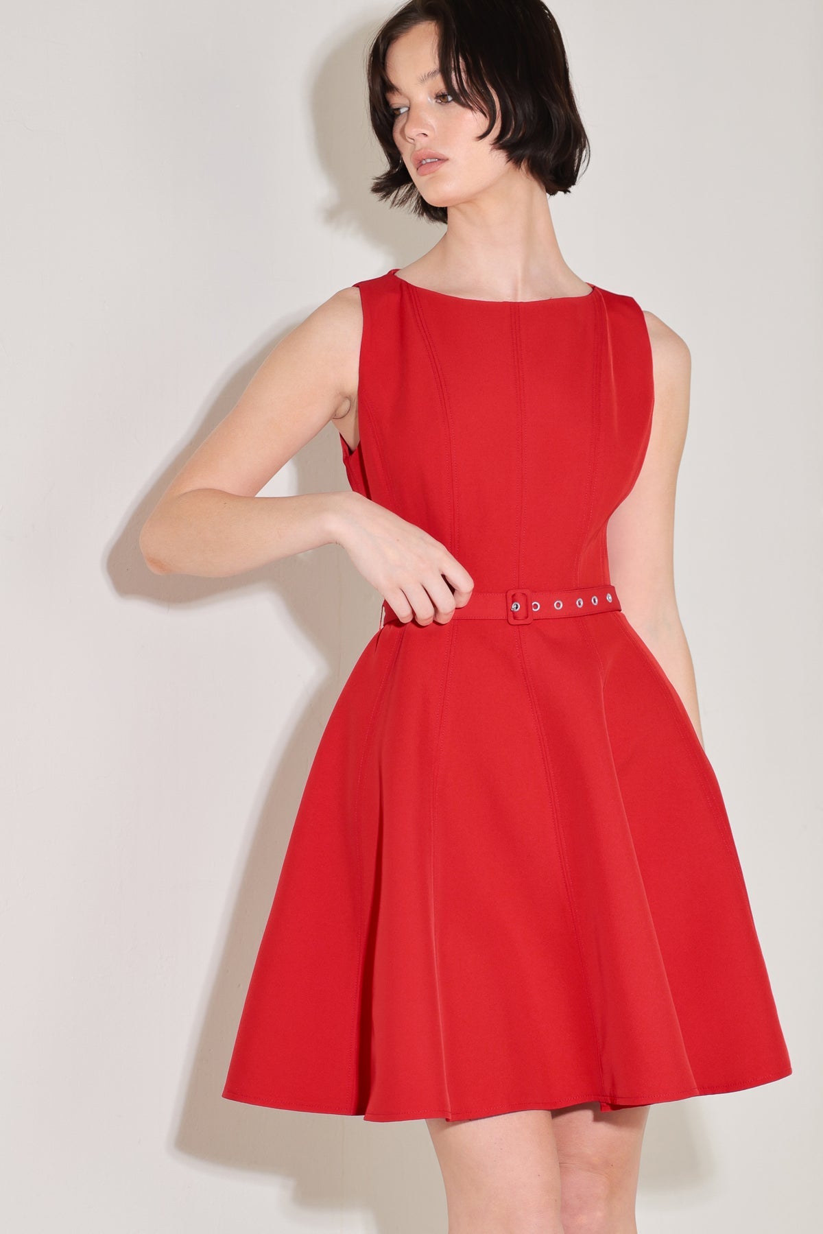 Red Wide Neck Mini Cocktail Dress with Belt and Circle Skirt Flying Tomato FD1960