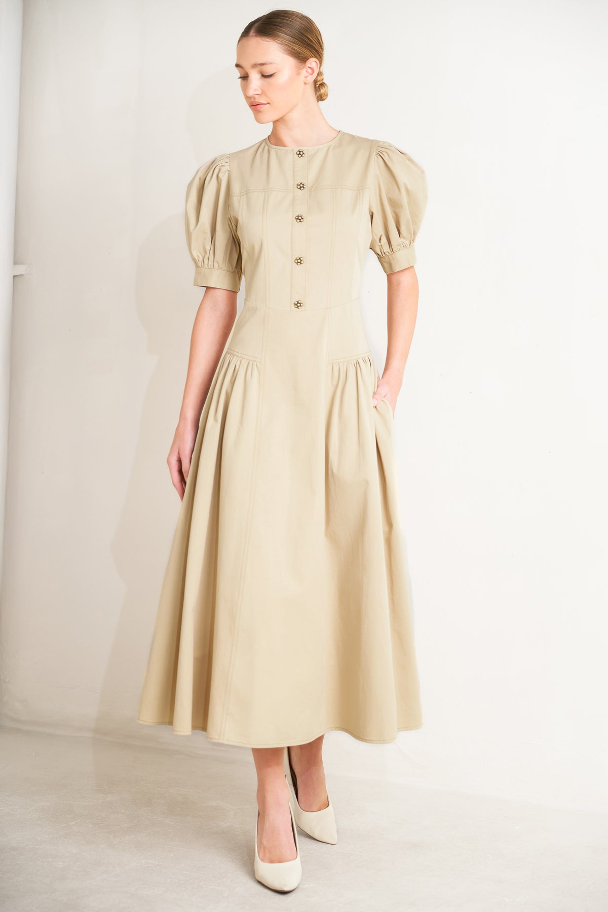 Khaki Crew Neck Tea-Length Cotton Twill Cocktail Party Puff Sleeve Dress Flying Tomato FD1962