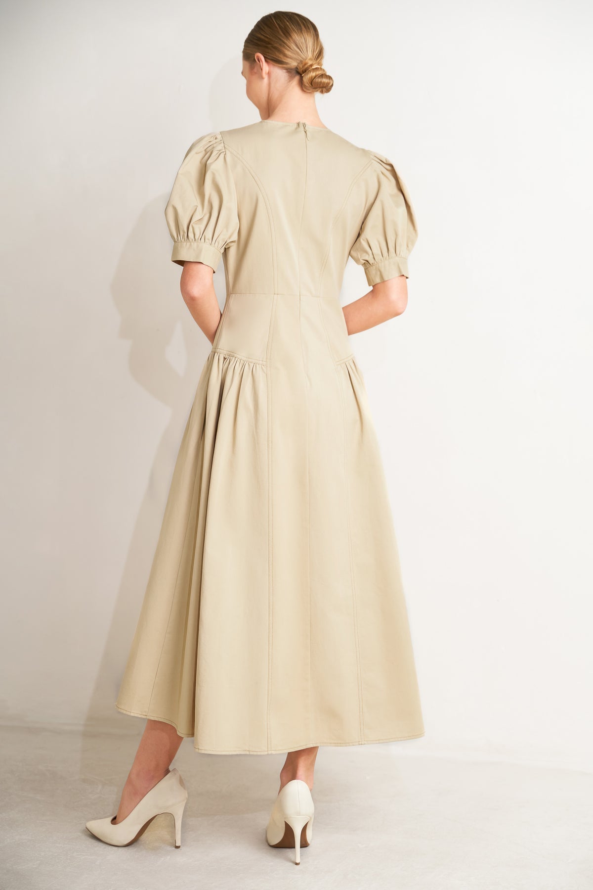 Khaki Crew Neck Tea-Length Cotton Twill Cocktail Party Puff Sleeve Dress Flying Tomato FD1962