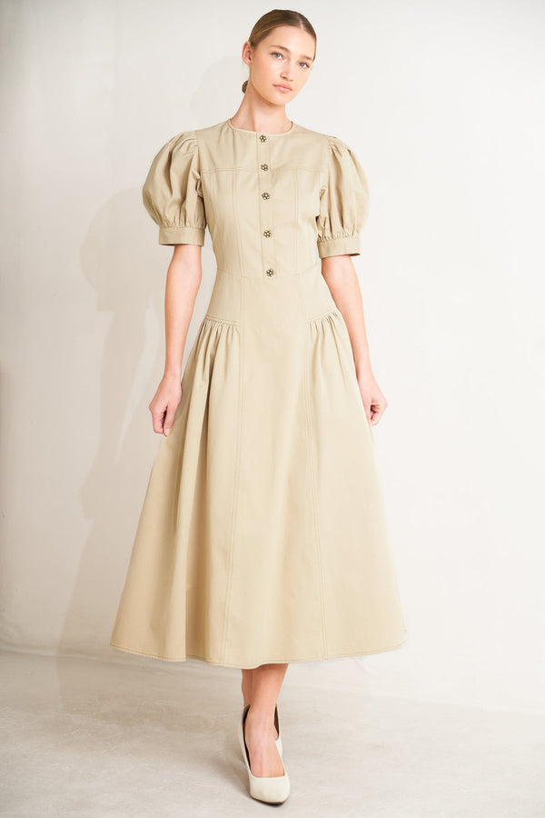 Crew Neck Tea-Length Cotton Twill Cocktail Party Puff Sleeve Dress Flying Tomato FD1962