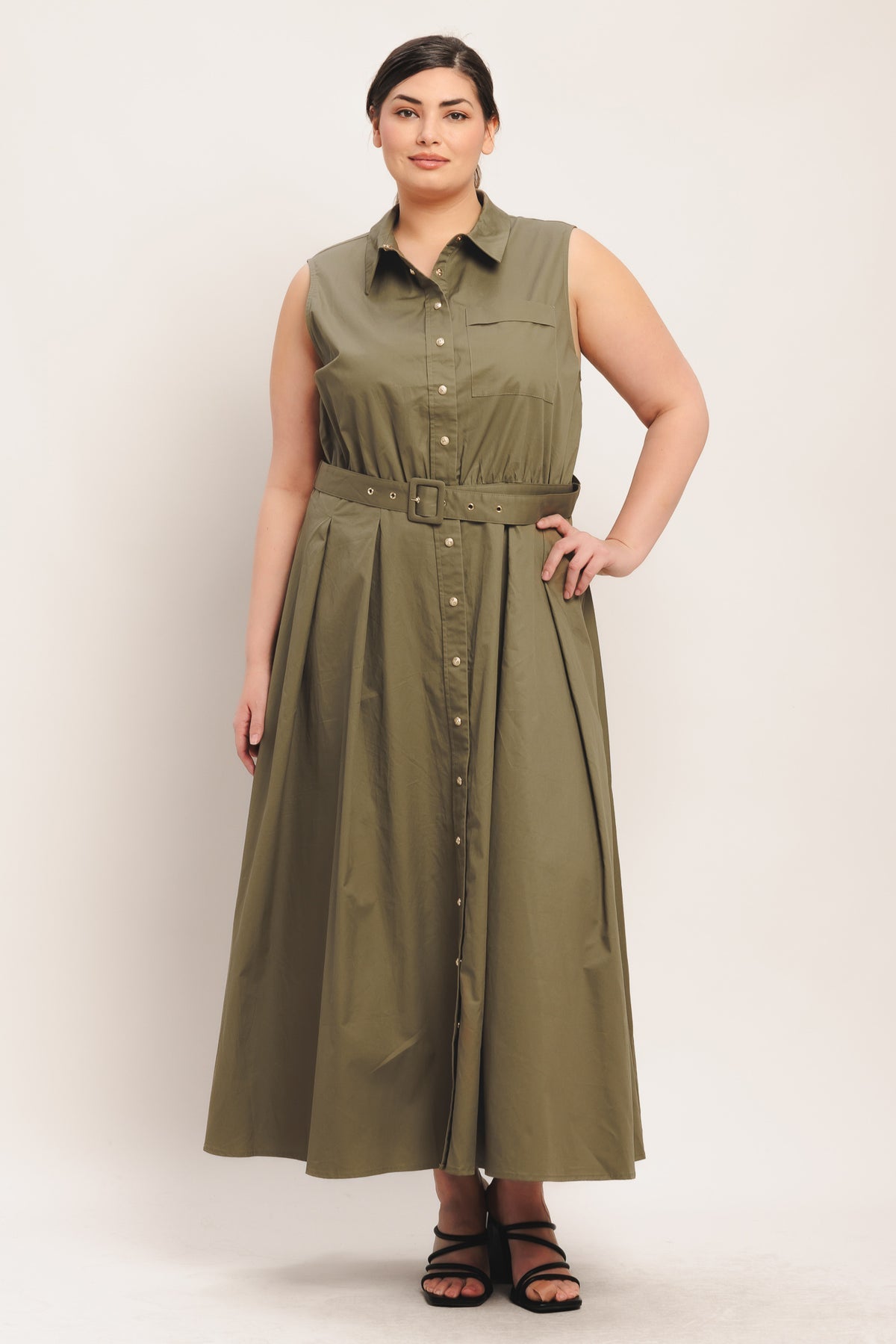 Olive Collared Midi Cotton Cocktail Dress Button Front Fit and Flare Dress Flying Tomato FD1971