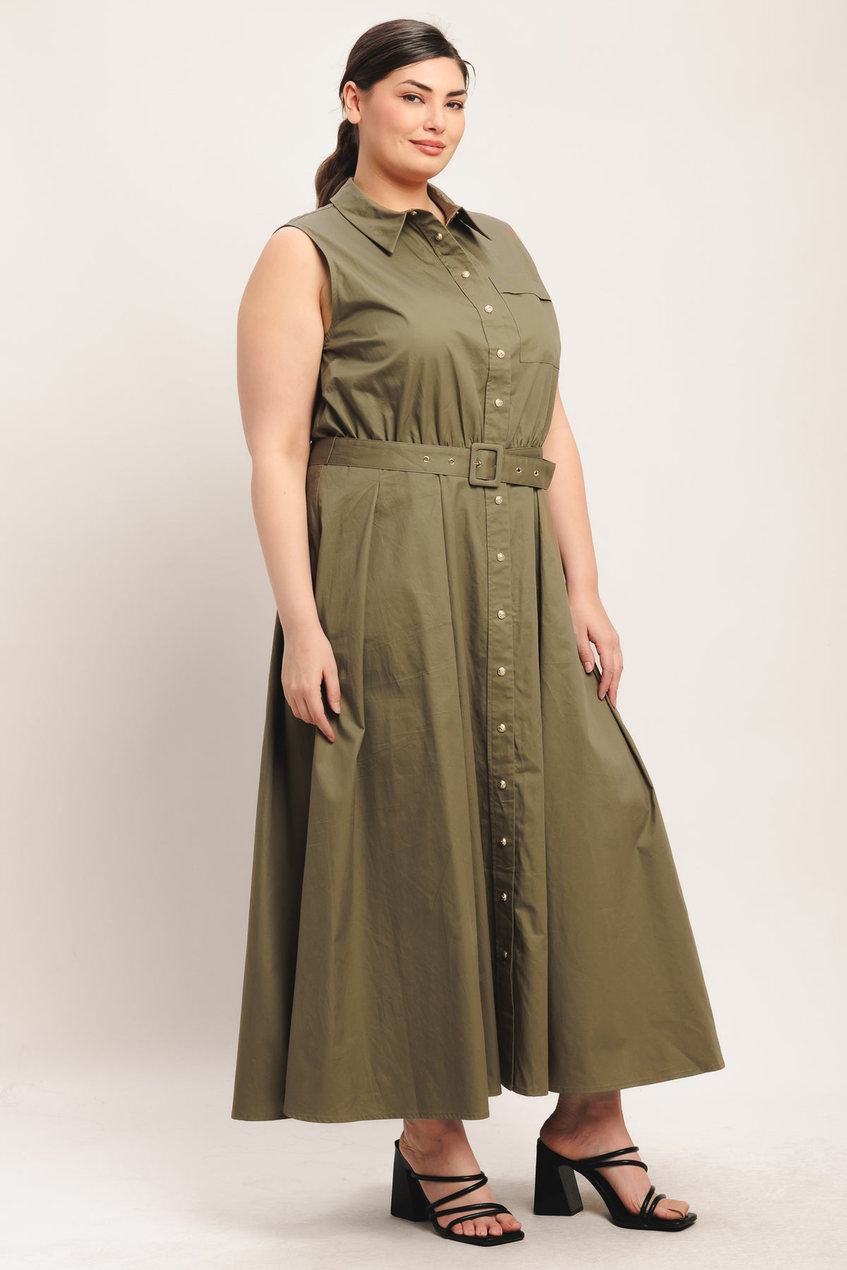 Olive Collared Midi Cotton Cocktail Dress Button Front Fit and Flare Dress Flying Tomato FD1971