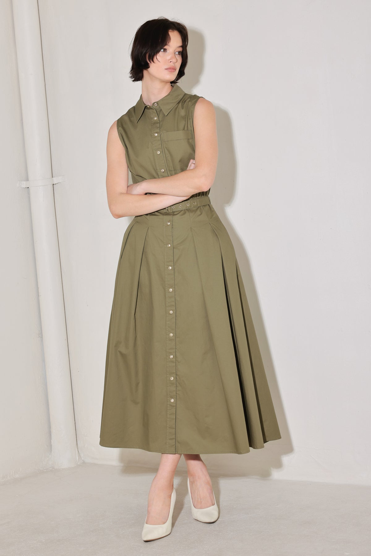 Olive Collared Midi Cotton Cocktail Dress Button Front Fit and Flare Dress Flying Tomato FD1971