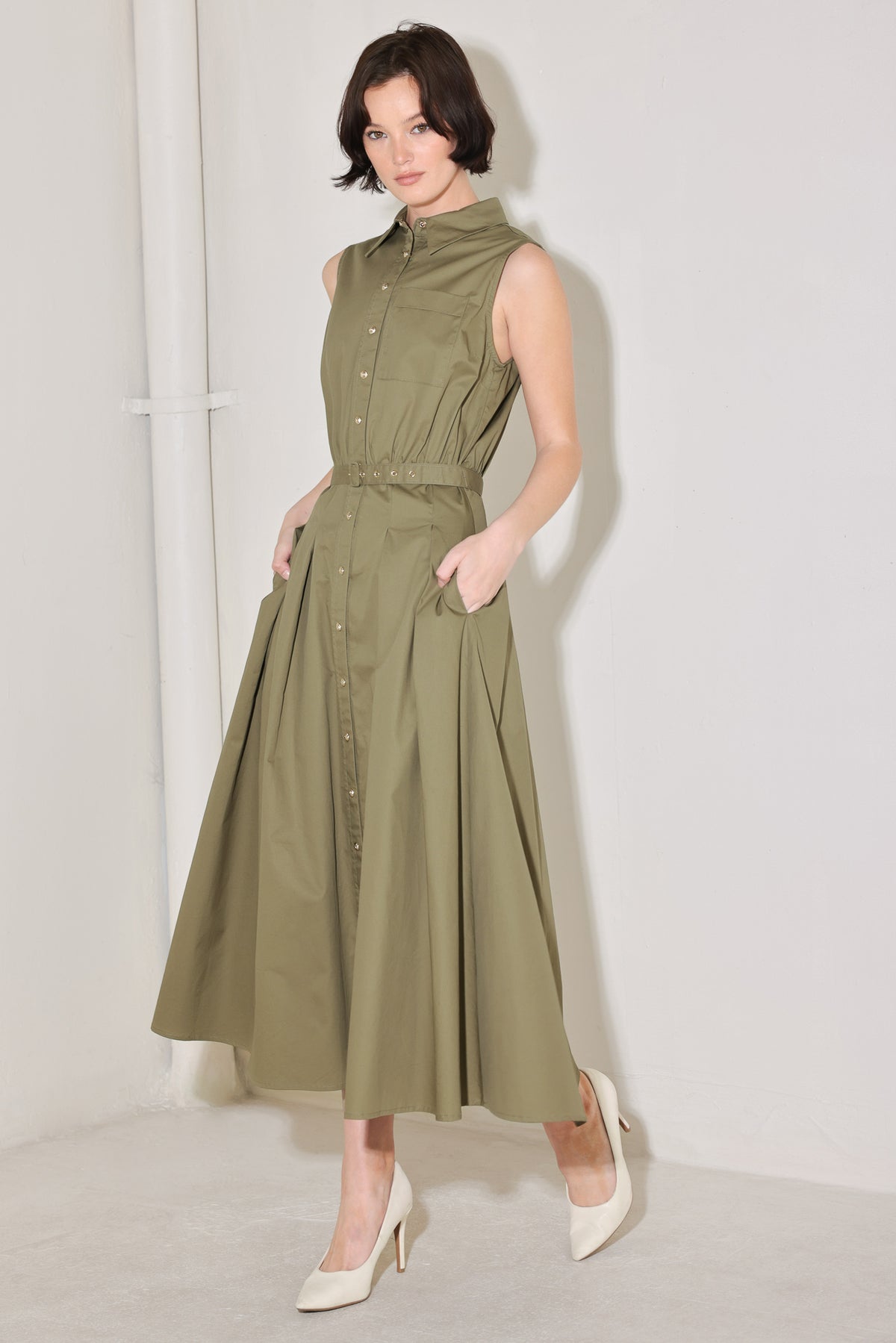 Olive Collared Midi Cotton Cocktail Dress Button Front Fit and Flare Dress Flying Tomato FD1971
