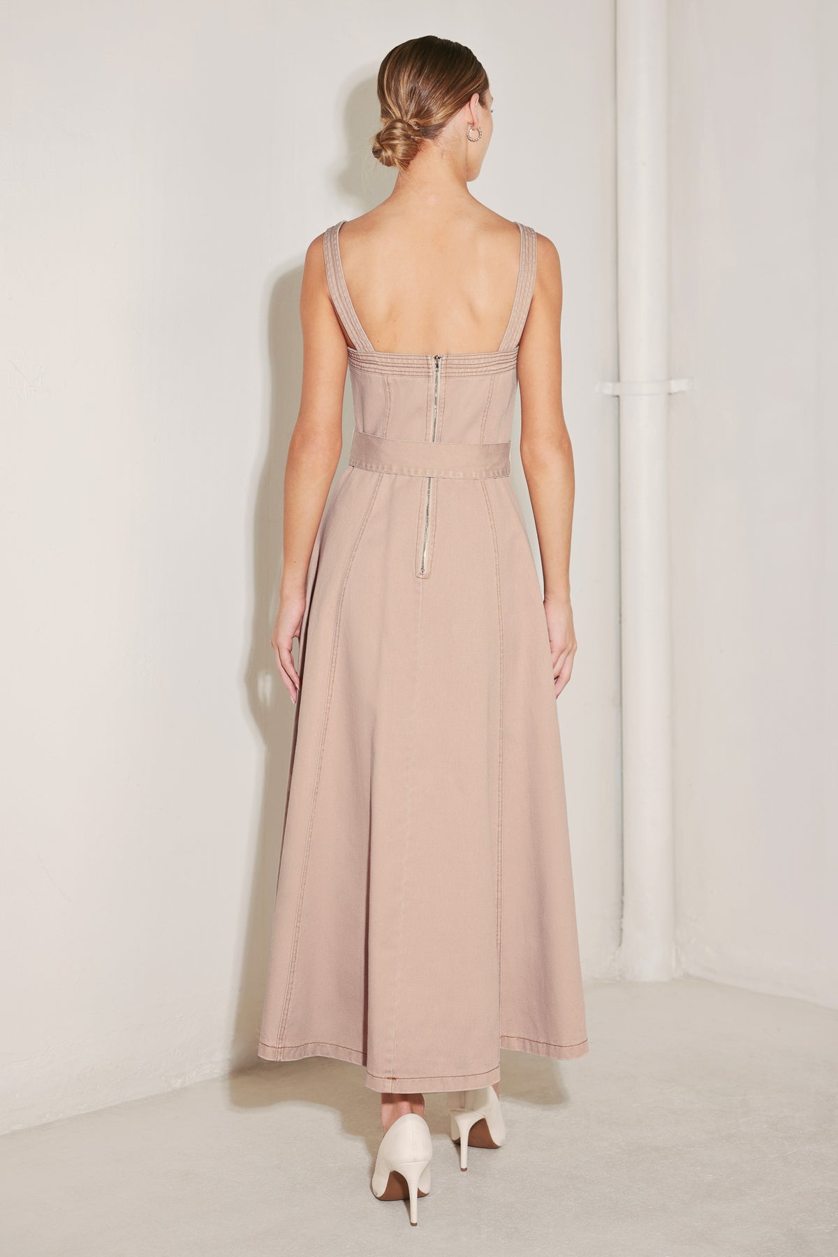 Blush Straight Neck Tea Length Woven Casual Dress with Belt Detail Flying Tomato FD1976