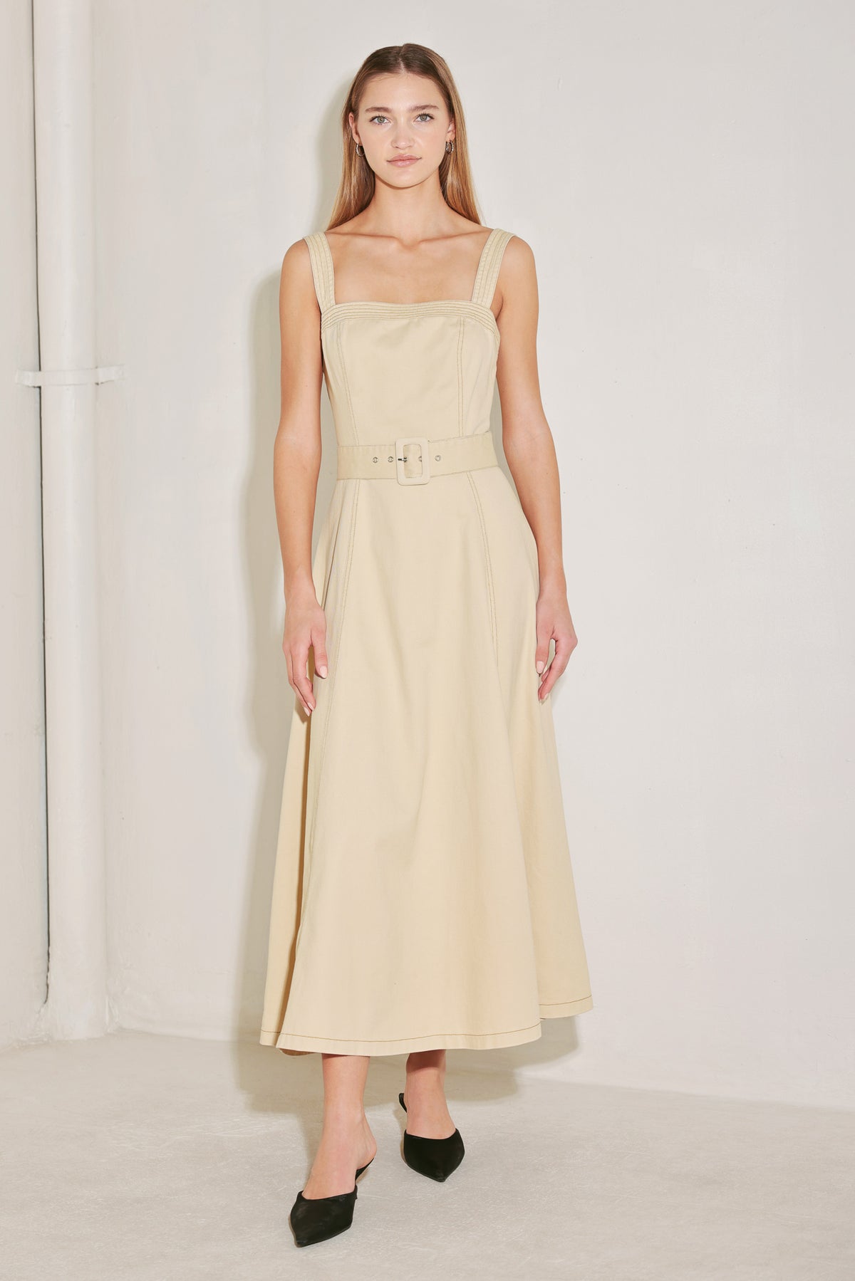 ELEVATED NEUTRAL WOVEN MIDI DRESS L FREEMARKET NEUTRAL / L
