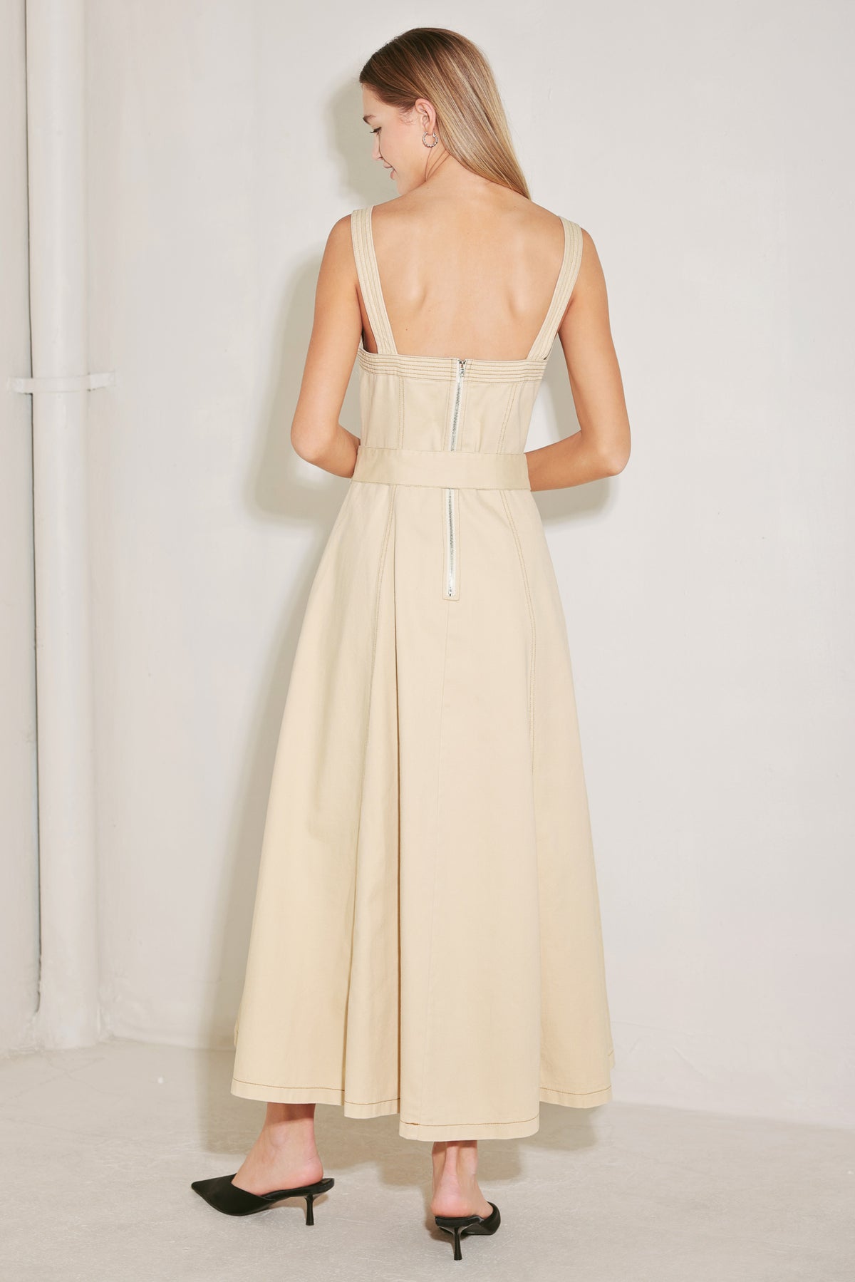 Neutral Straight Neck Tea Length Woven Casual Dress with Belt Detail Flying Tomato FD1976